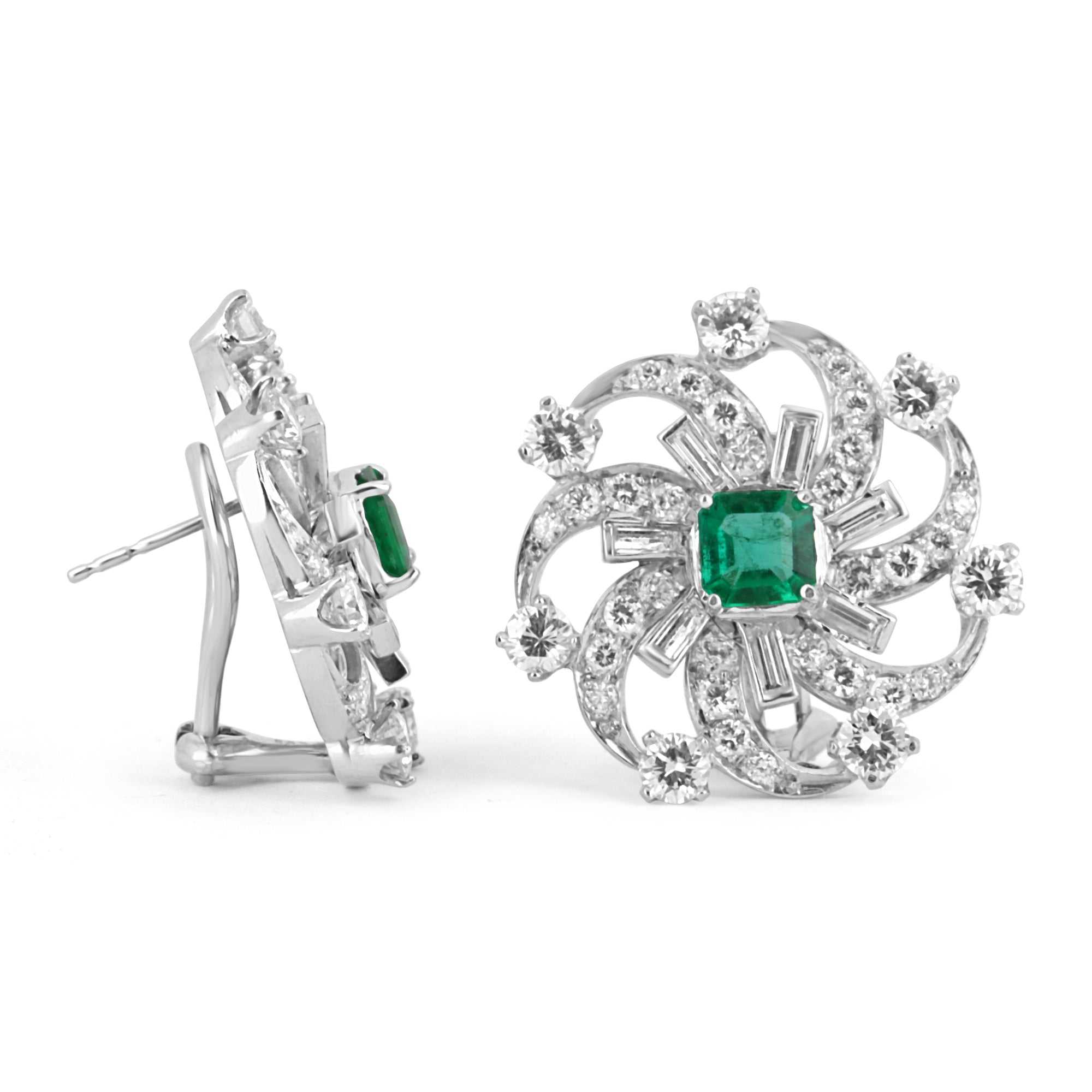 6.70tcw Platinum Fine Quality Emerald & Diamond Spiral Statement Earrings - JR Colombian Emeralds