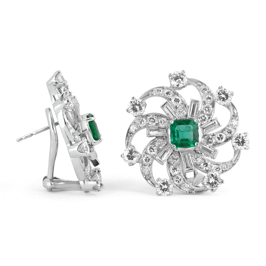 6.70tcw Platinum Fine Quality Emerald & Diamond Spiral Statement Earrings