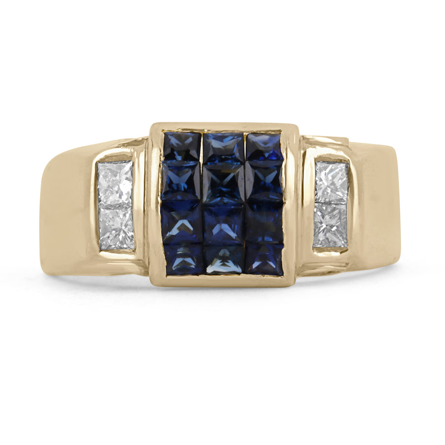 2.0tcw Square Blue Sapphire & Diamond Mens Ring 18K