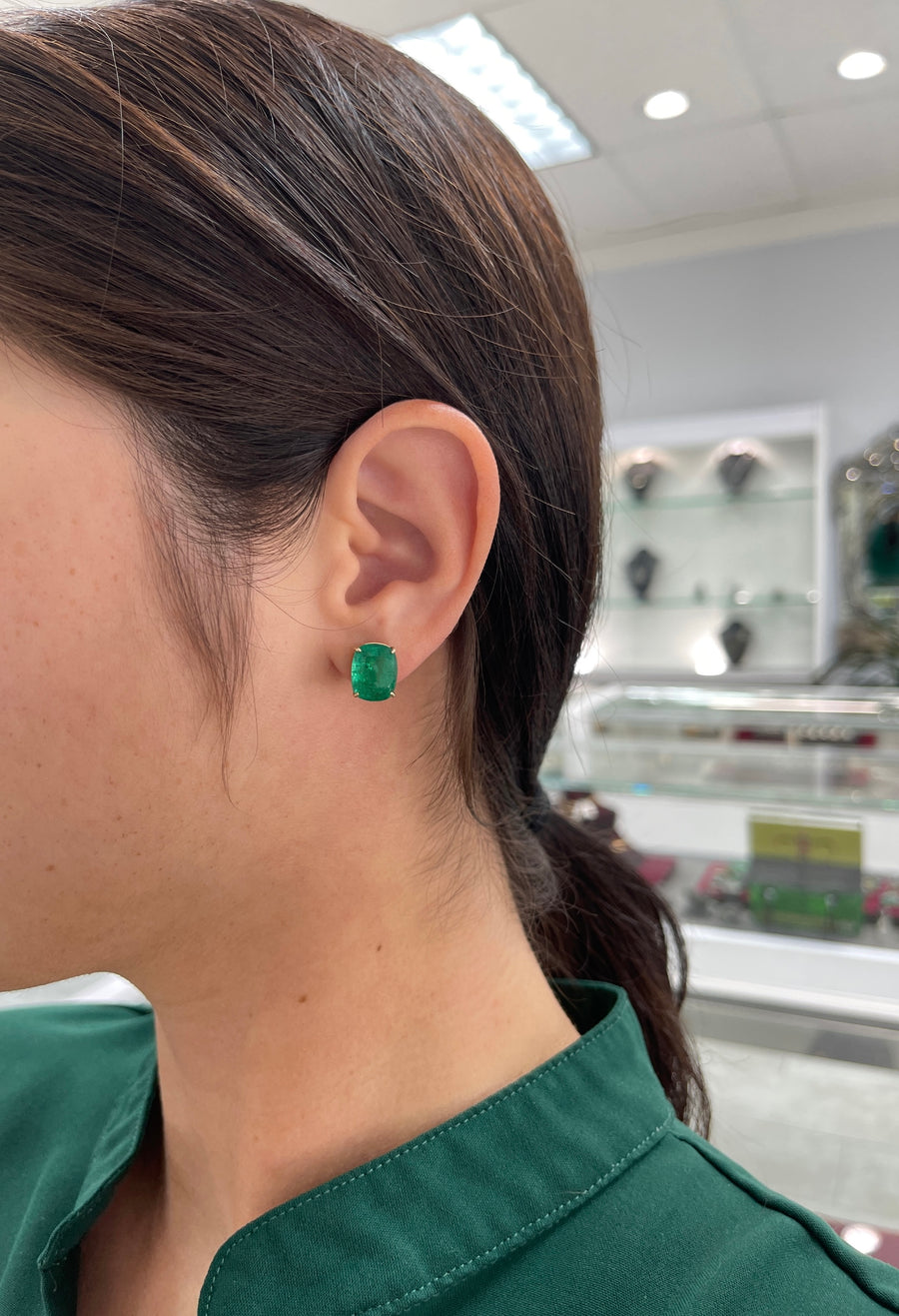Investment Quality 8.25tcw Cushion cut Vivid Green Real Emerald Handmade Stud Earrings 18K on ear