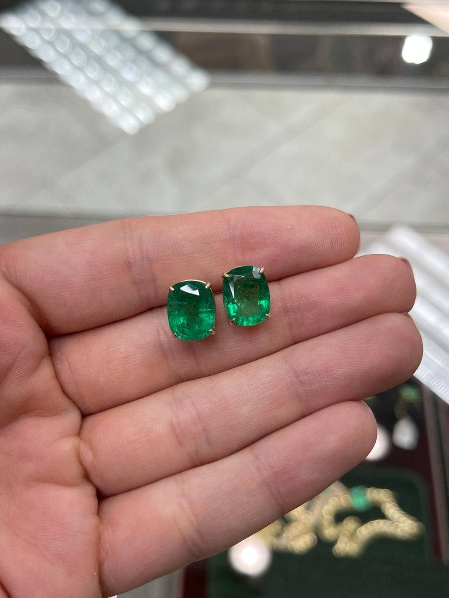AAA Fine Quality 8.25tcw  Natural Emerald-Cushion Cut Handmade Stud Emerald Earrings 18K Gold 