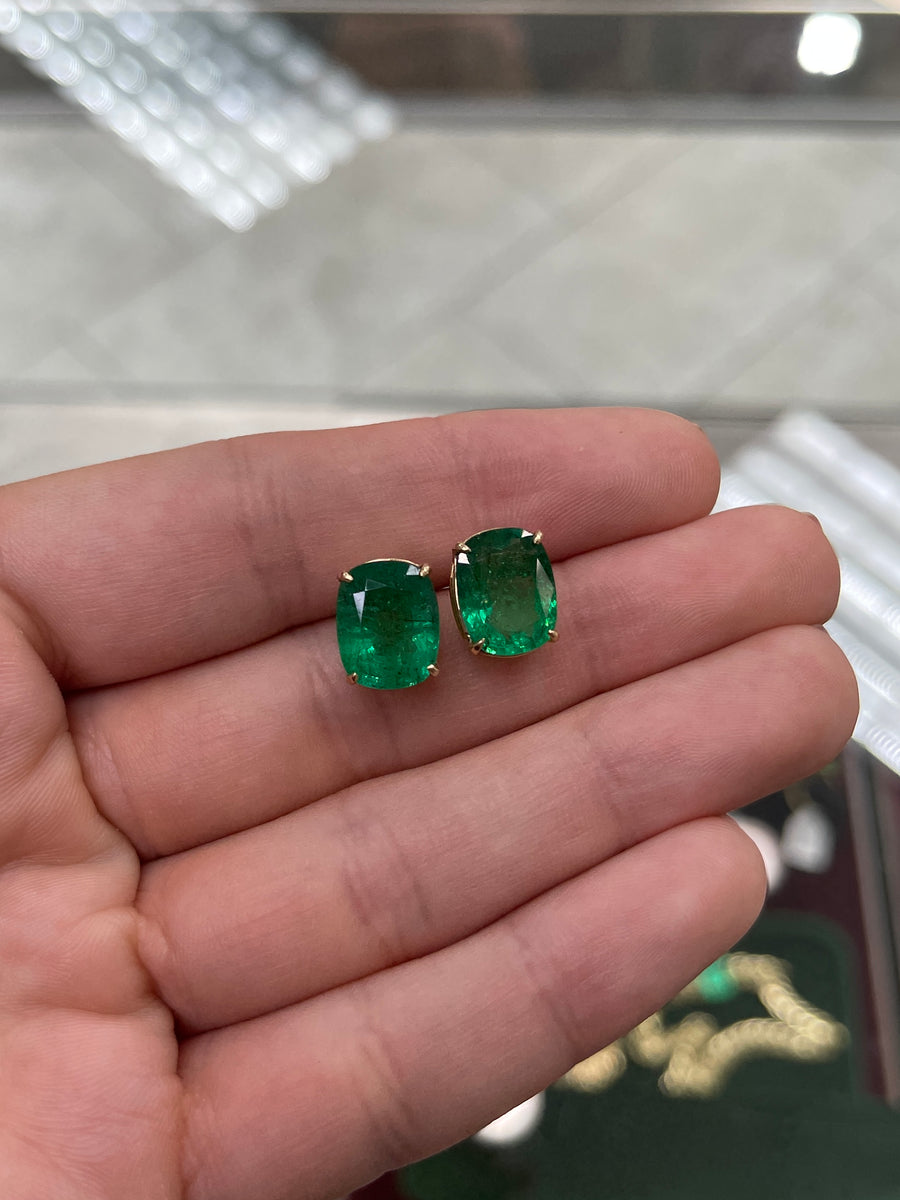 Investment Quality 8.25tcw Cushion cut Vivid Green Real Emerald Handmade Stud Earrings 18K