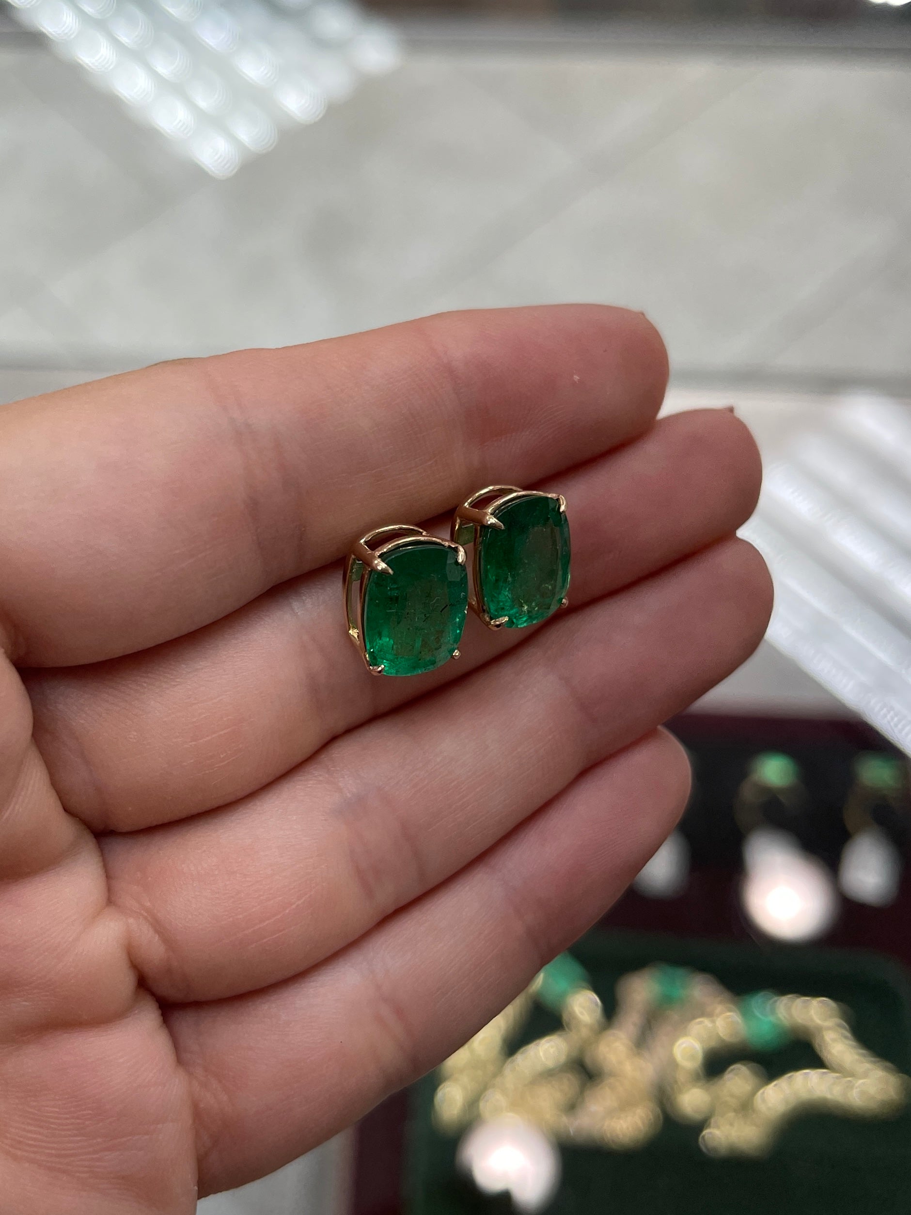 Investment Quality 8.25tcw Cushion cut Vivid Green Real Emerald Handmade Stud Earrings 18K gift