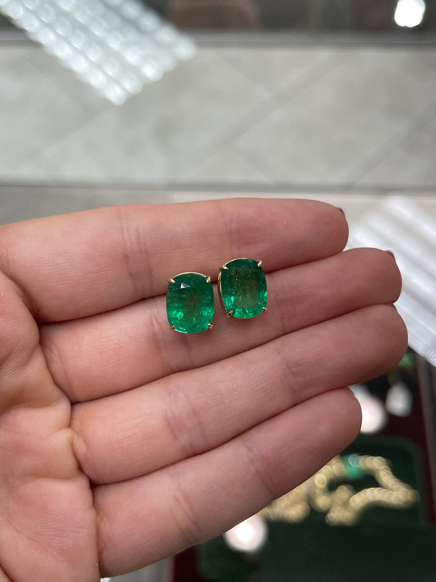 Investment Quality 8.25tcw Cushion cut Vivid Green Real Emerald Handmade Stud Earrings 18K gift on hand