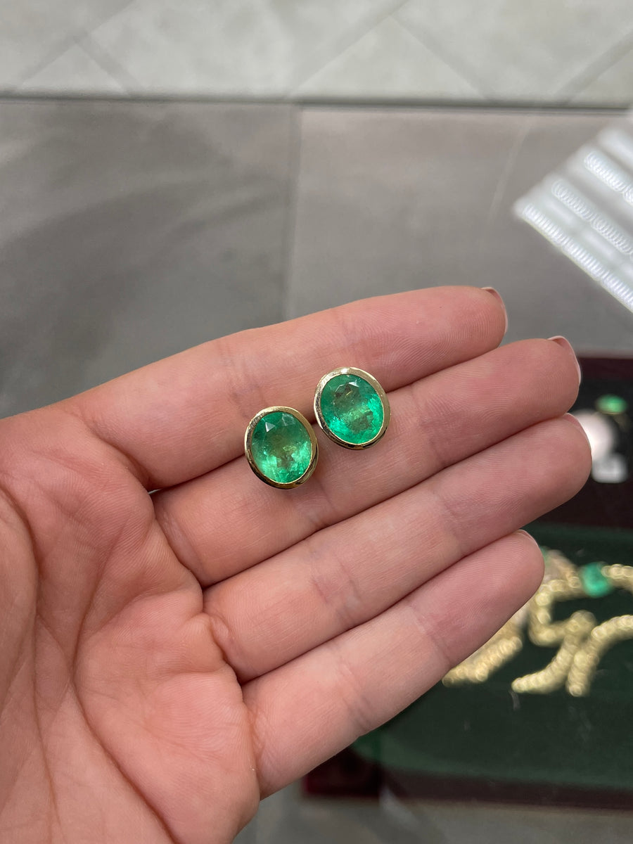 10.45tcw Huge Bezel Set Rich Green Natural Colombian emerald Stud Gold Earrings 14K
