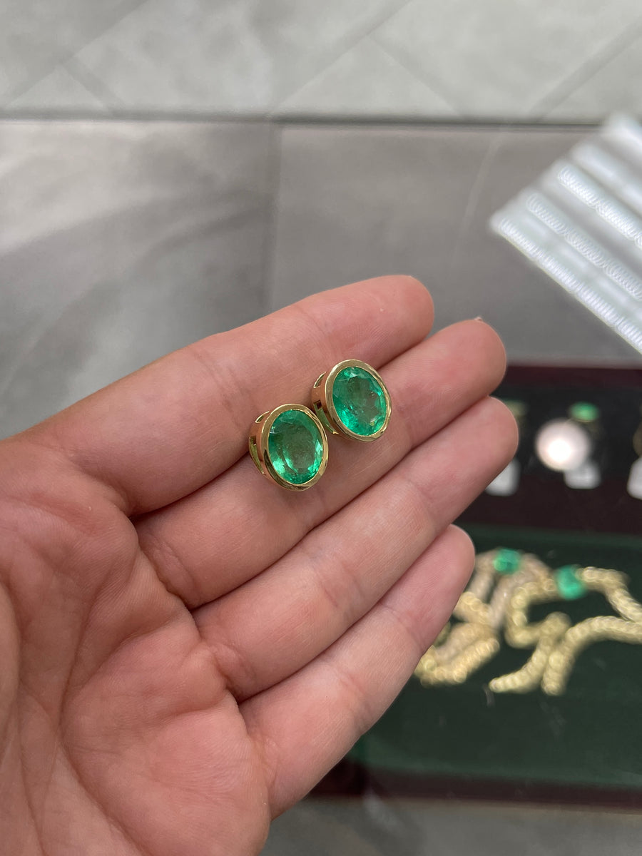 Heirloom 10.45tcw 14K Big Colombian Emerald-Oval Cut Bezel Set Gold Stud Earrings on hand