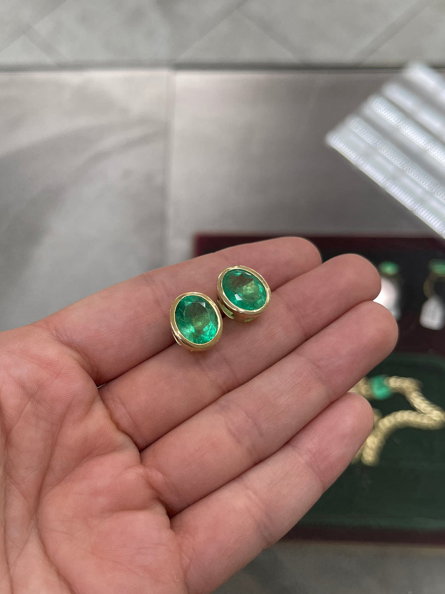 Heirloom 10.45tcw Big Colombian Emerald-Oval Cut Bezel Set Gold Stud Earrings 14K