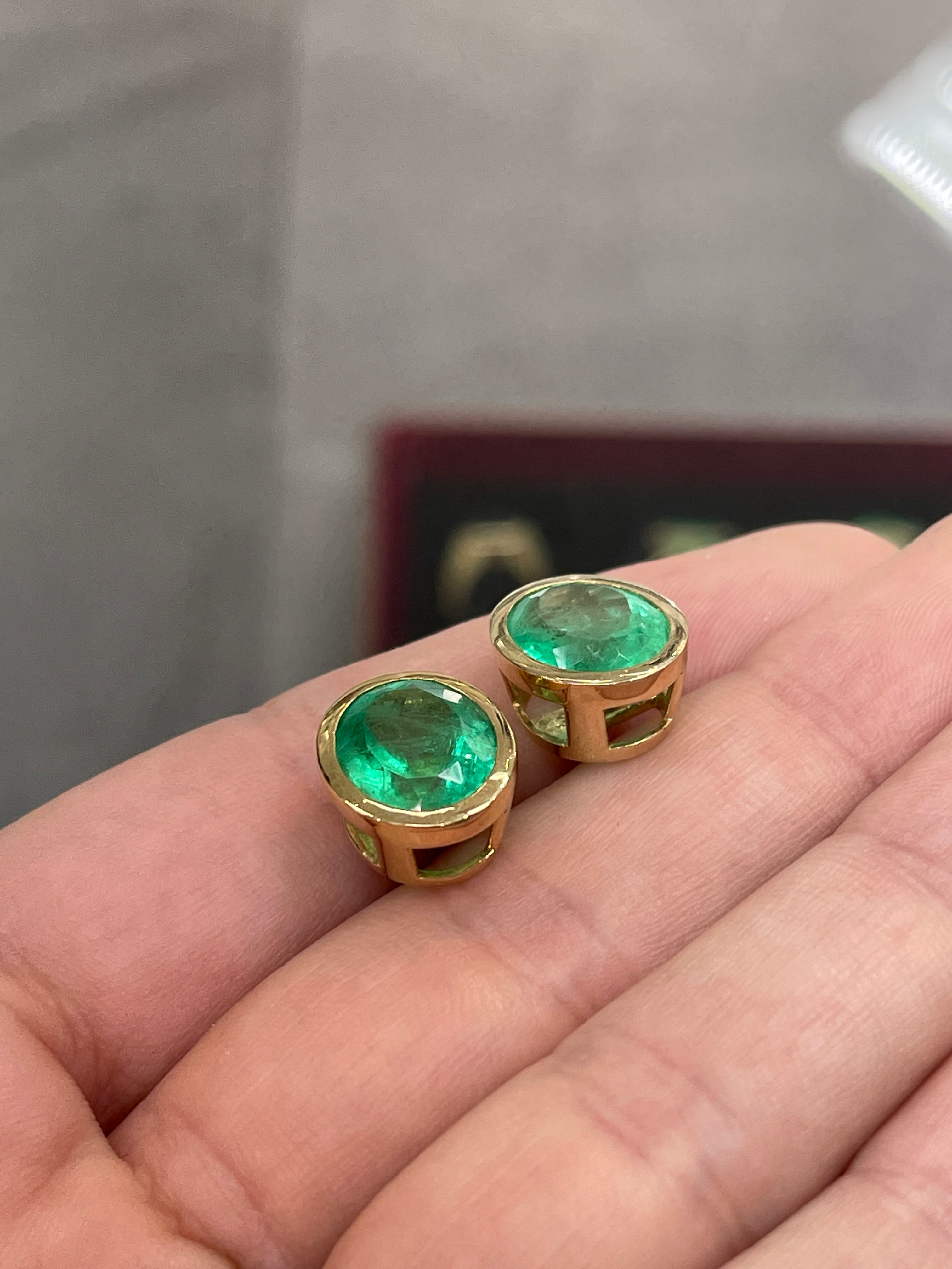 Heirloom 10.45tcw Big Colombian Emerald-Oval Cut Bezel Set Earrings 14K - JR Colombian Emeralds