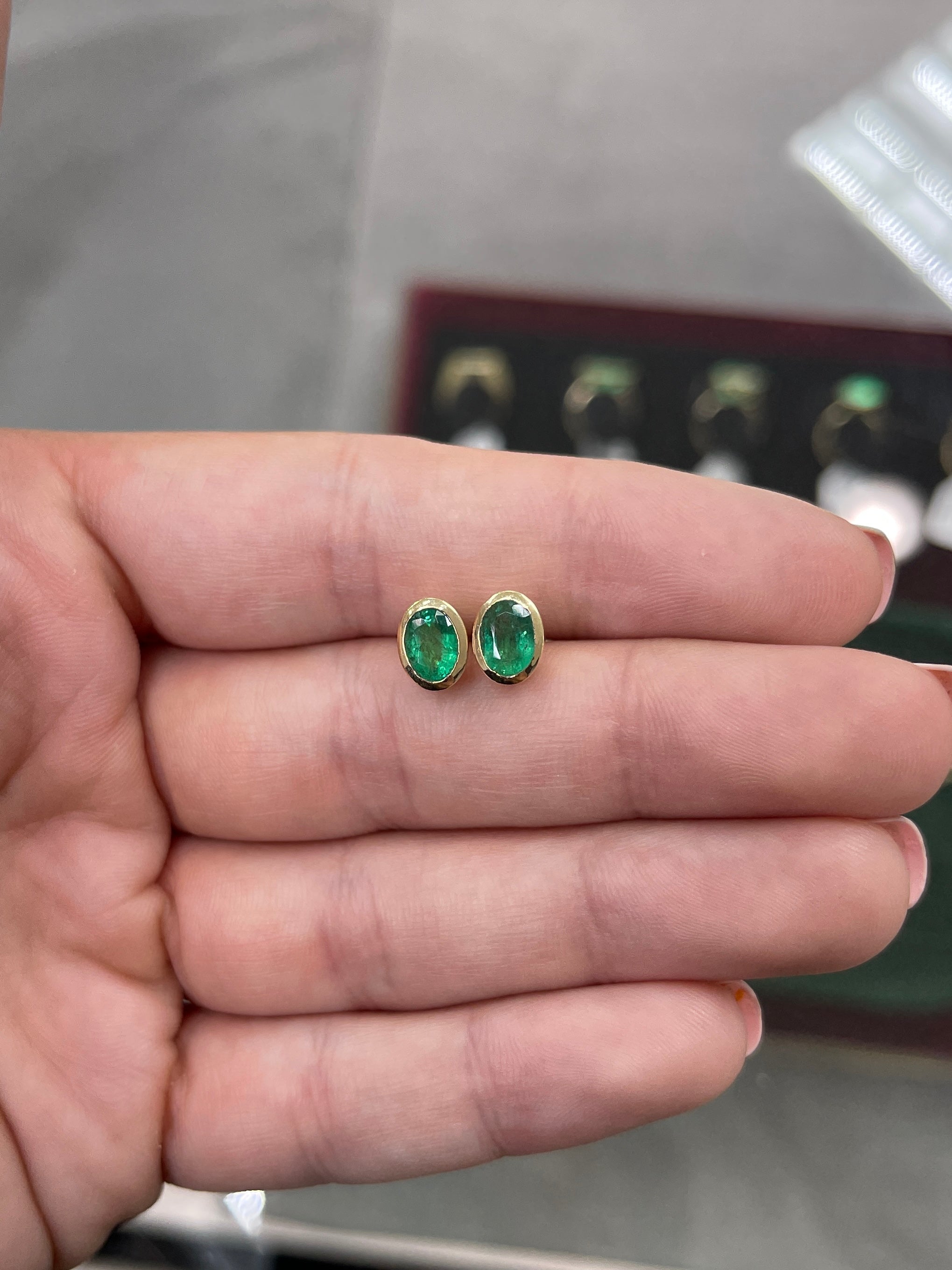 1.87tcw 14K Natural Emerald-Oval Cut Bezel Set Gold Stud Earrings - JR Colombian Emeralds