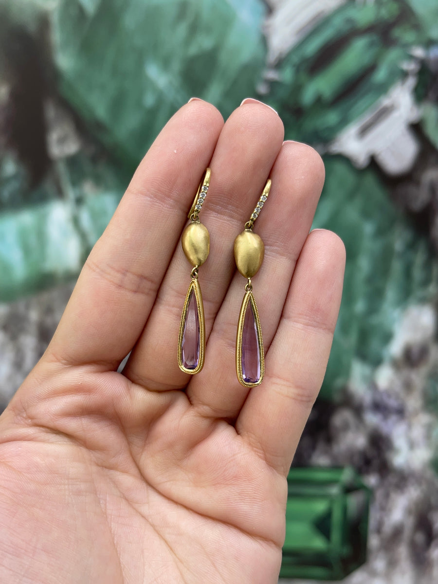 10.08tcw 18K Natural Teardrop Amethyst & Diamond Dangle Hook Earrings