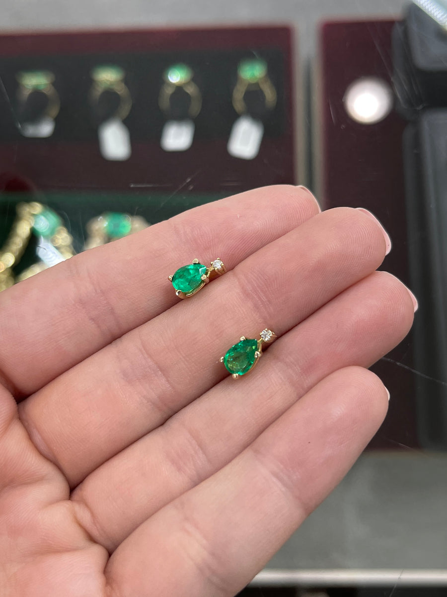 1.41tcw Two Stone Prong Set Tear Drop Colombian Emerald and VS diamond stud earring 14K