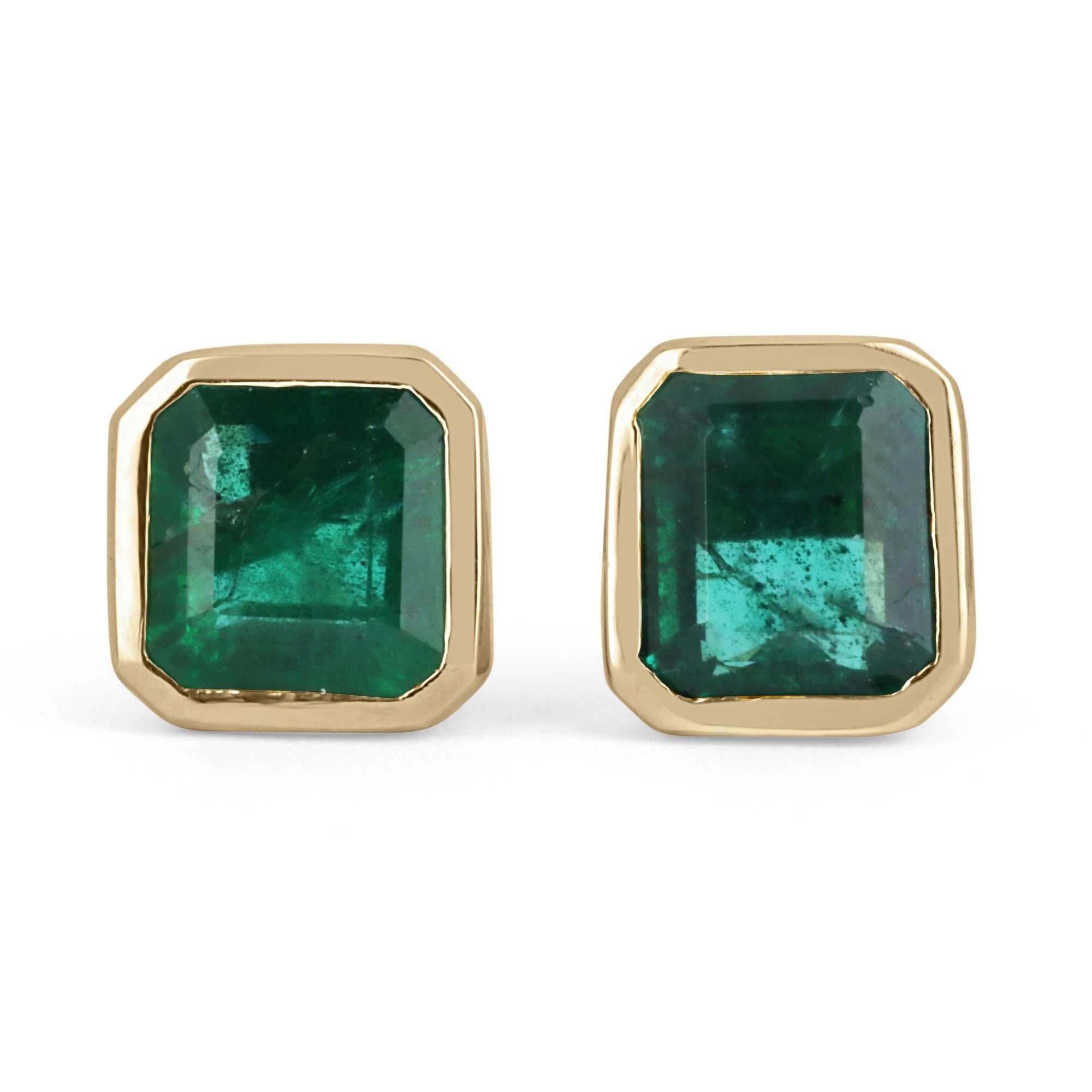 2.20tcw Asscher Cut Natural Emerald Dark Green Bezel Set Earrings 14K - JR Colombian Emeralds