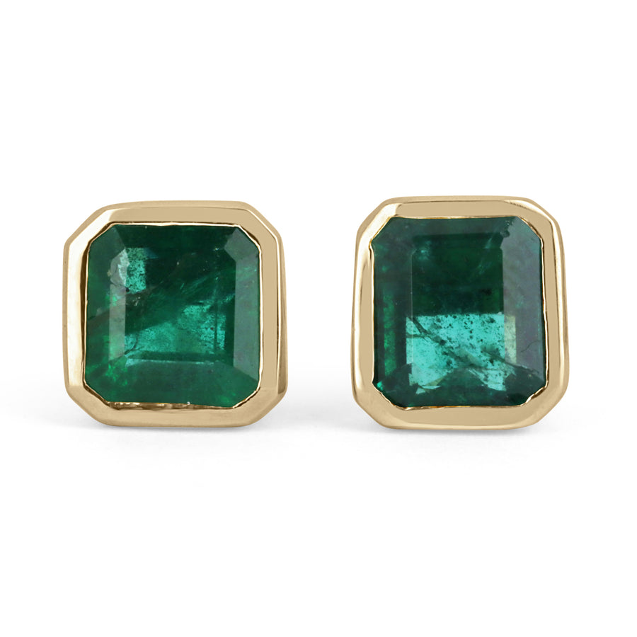 2.20tcw Asscher Cut Natural Emerald Dark Green Bezel Set Earrings 14K