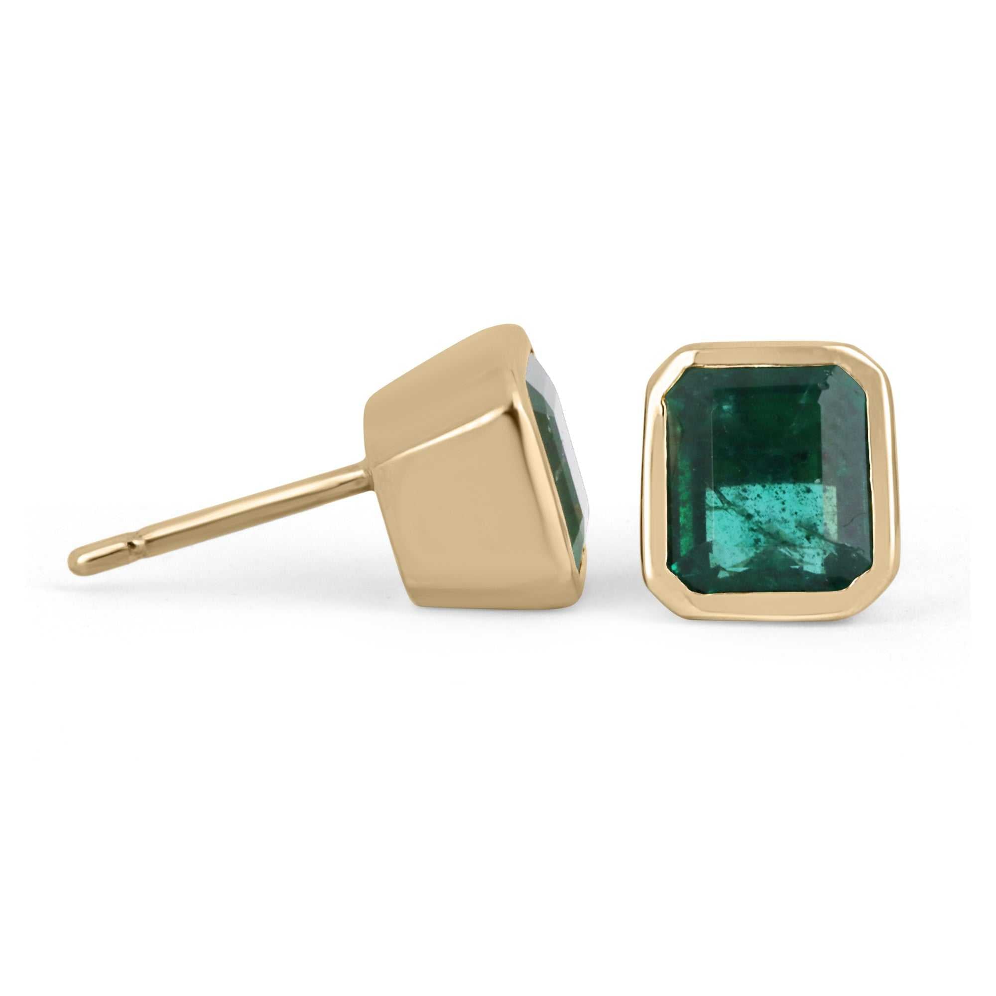 2.20tcw Asscher Cut Natural Emerald Dark Green Bezel Set Earrings 14K - JR Colombian Emeralds