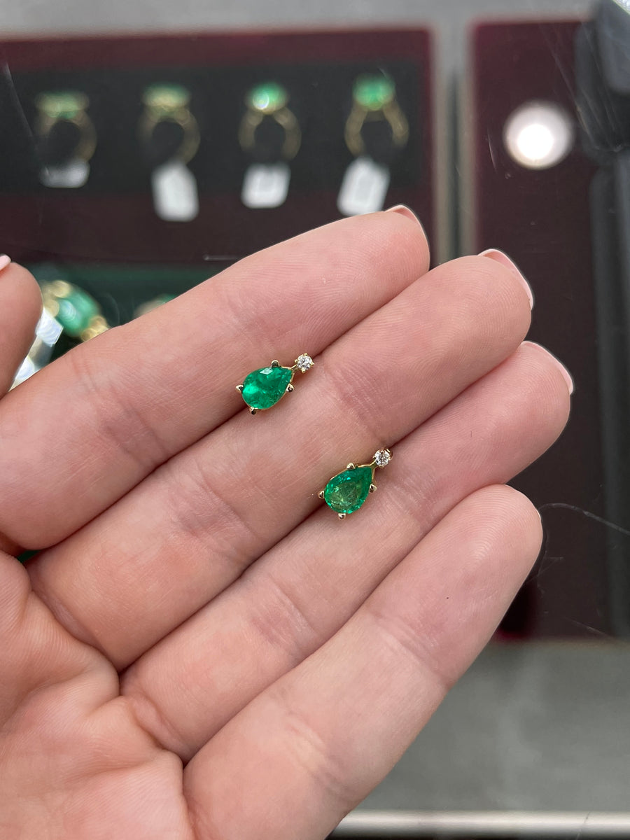 1.41tcw 14K Colombian Emerald-Pear Cut & Diamond Accent Stud Two Stone Earrings on hand gift