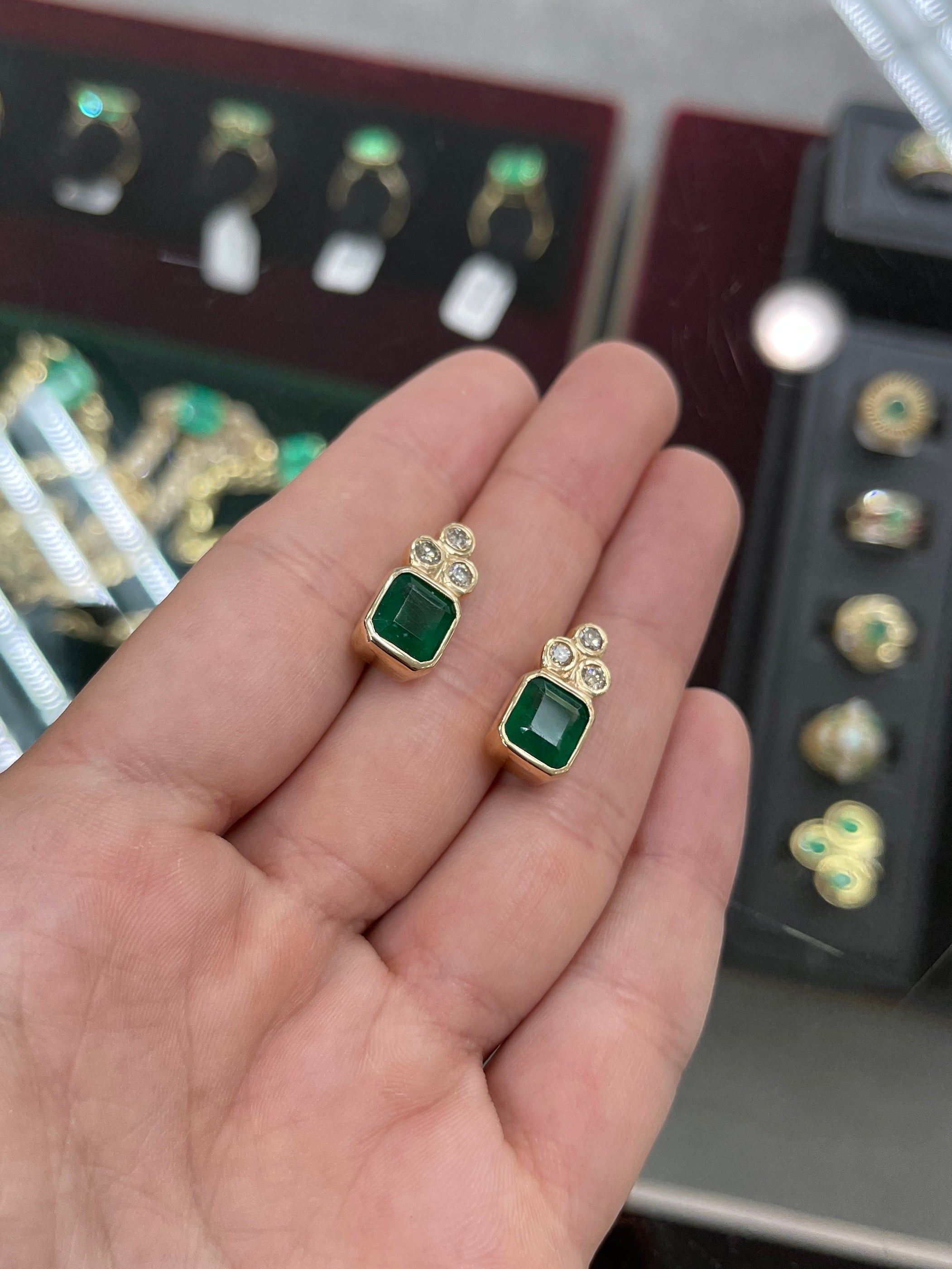 Rare Dark Deep Green 7.01 Carat Double Stud Bezel Emerald and diamond earrings 14K Gold