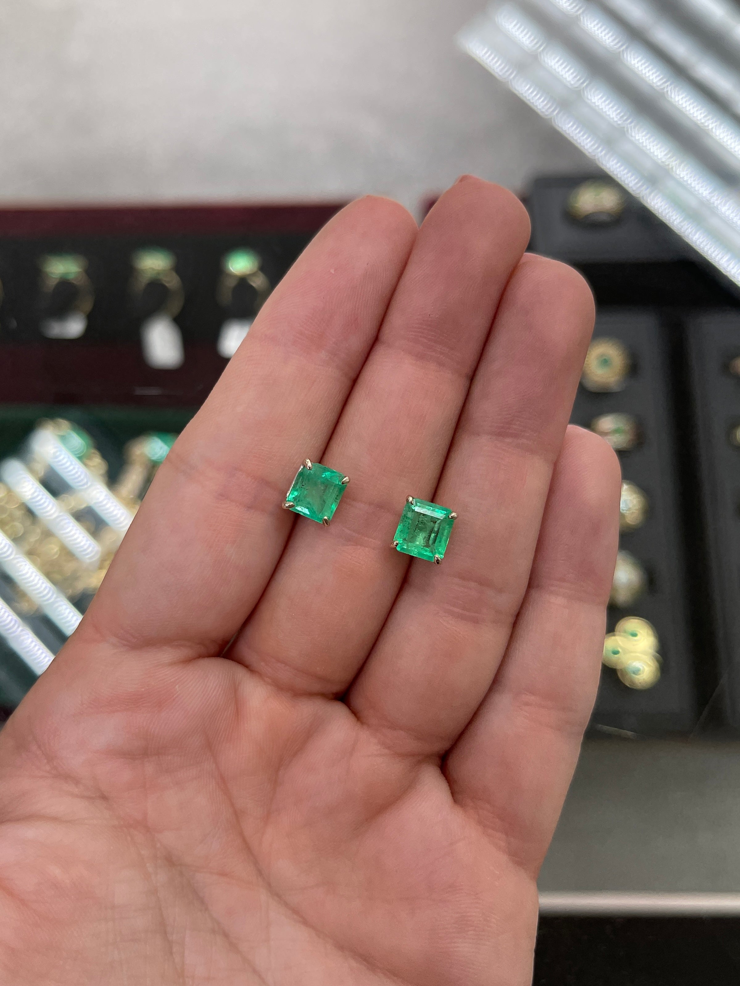 4.26tcw Colombian Emerald Asscher Stud Earrings 14K - JR Colombian Emeralds