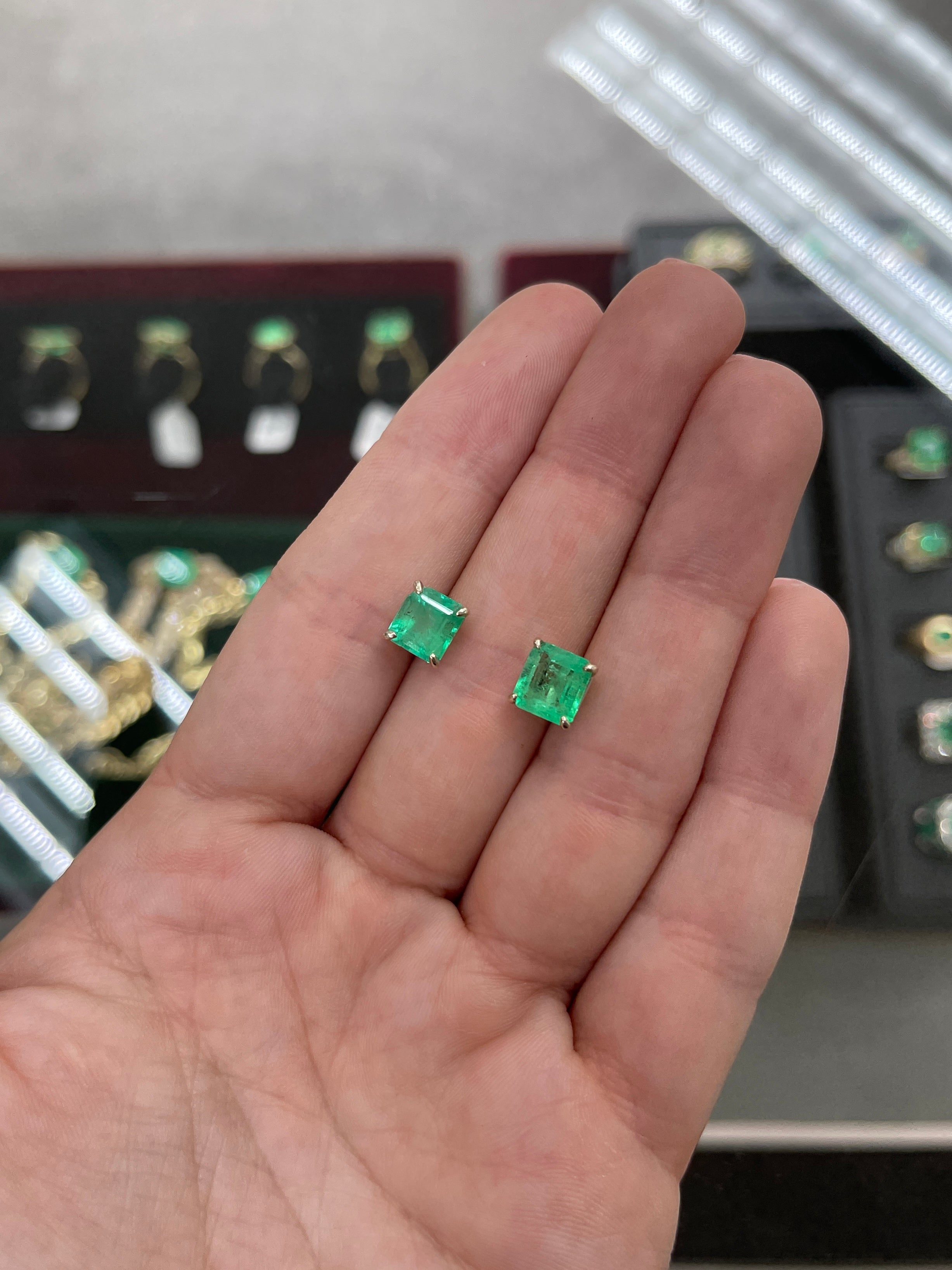 4.26tcw Colombian Emerald Asscher Stud Earrings 14K - JR Colombian Emeralds