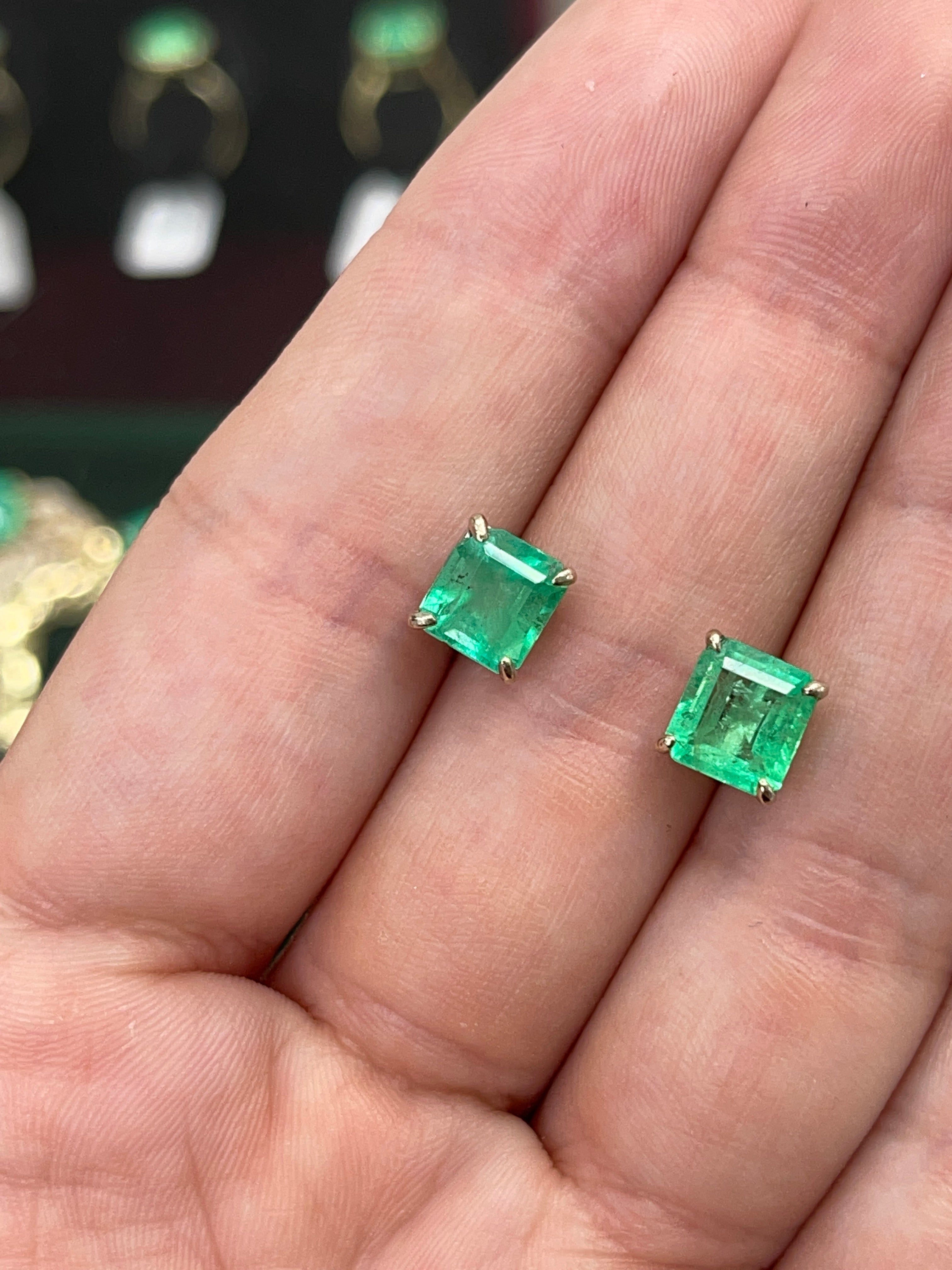 4.26tcw Colombian Emerald Asscher Stud Earrings 14K - JR Colombian Emeralds