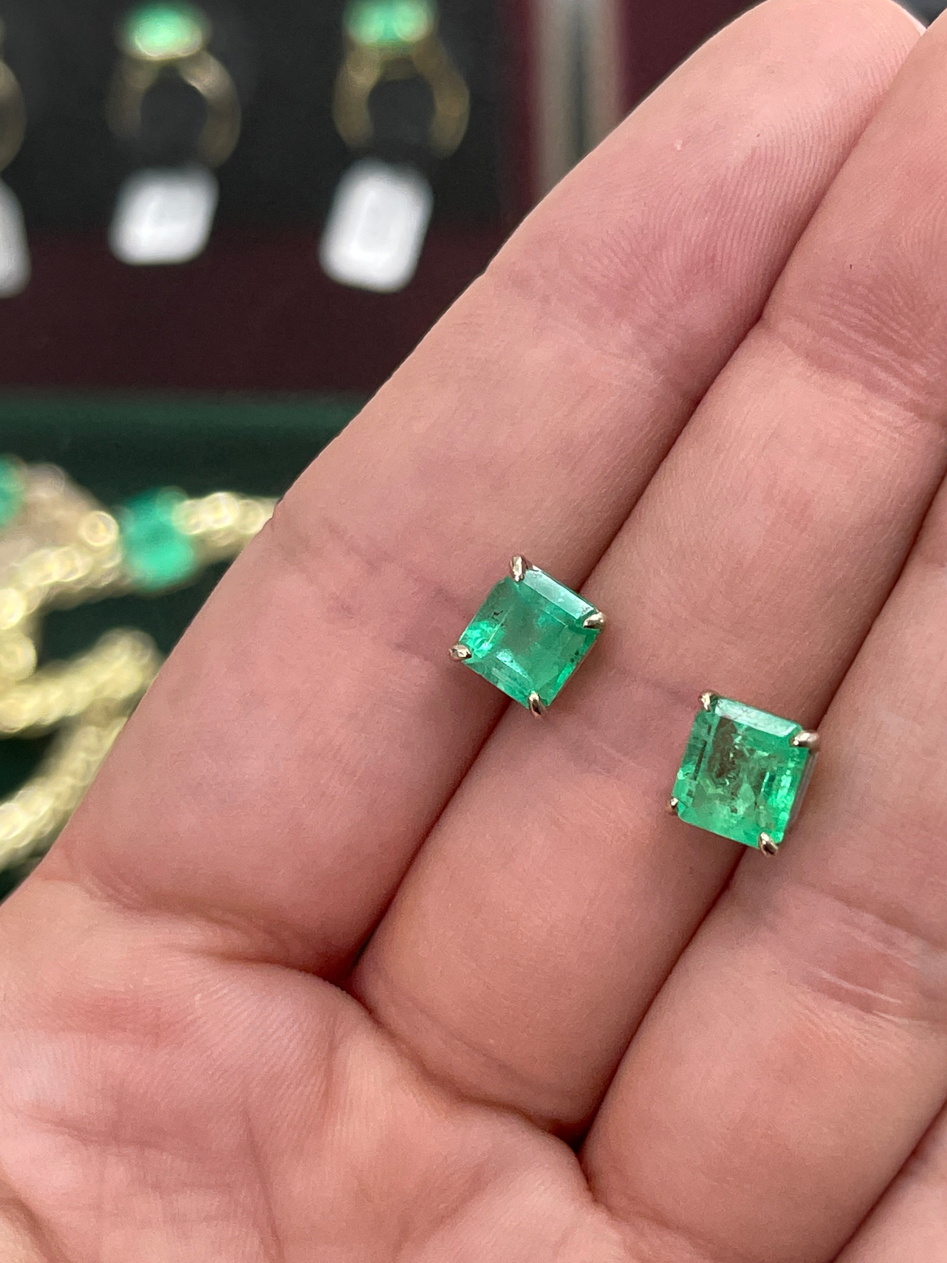 4.26tcw Colombian Emerald Asscher Stud Earrings 14K - JR Colombian Emeralds