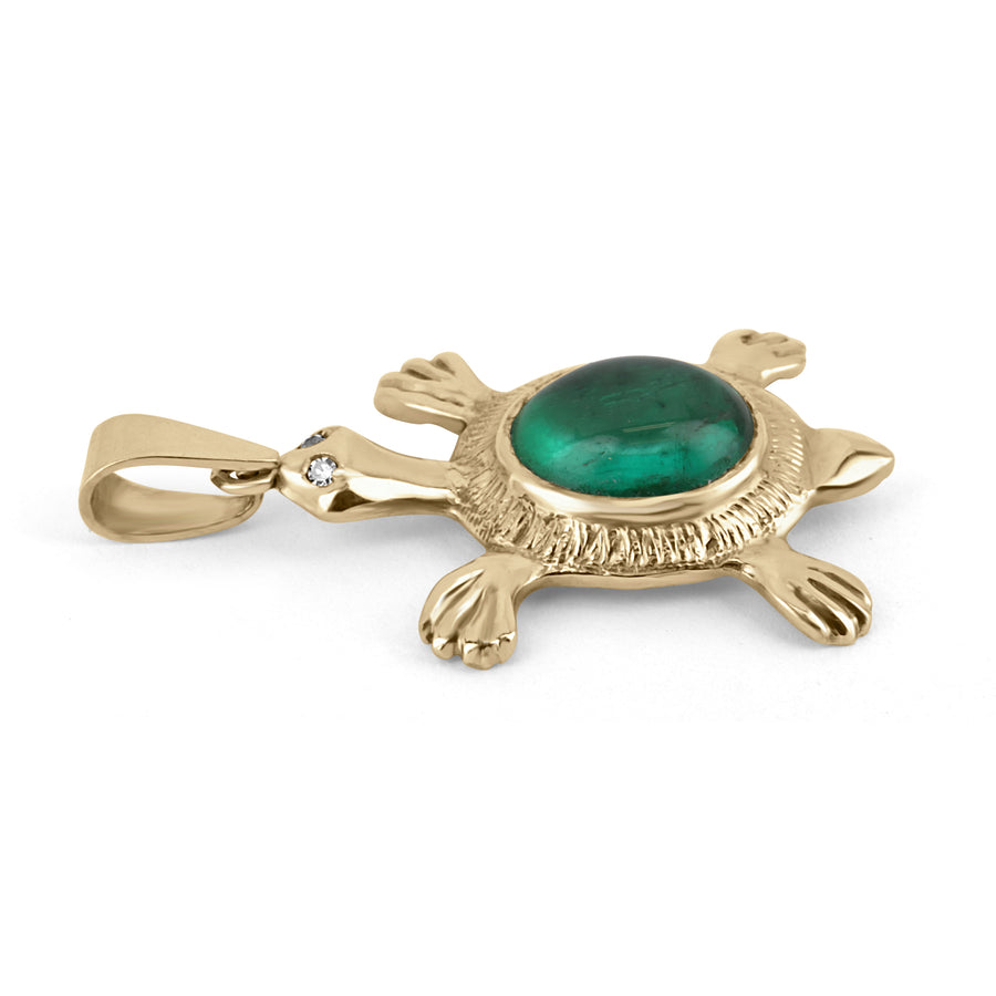 4.65tcw Colombian Emerald Cabochon Cut & Diamond Turtle Pendant Charm 18K Yellow Gold Necklace