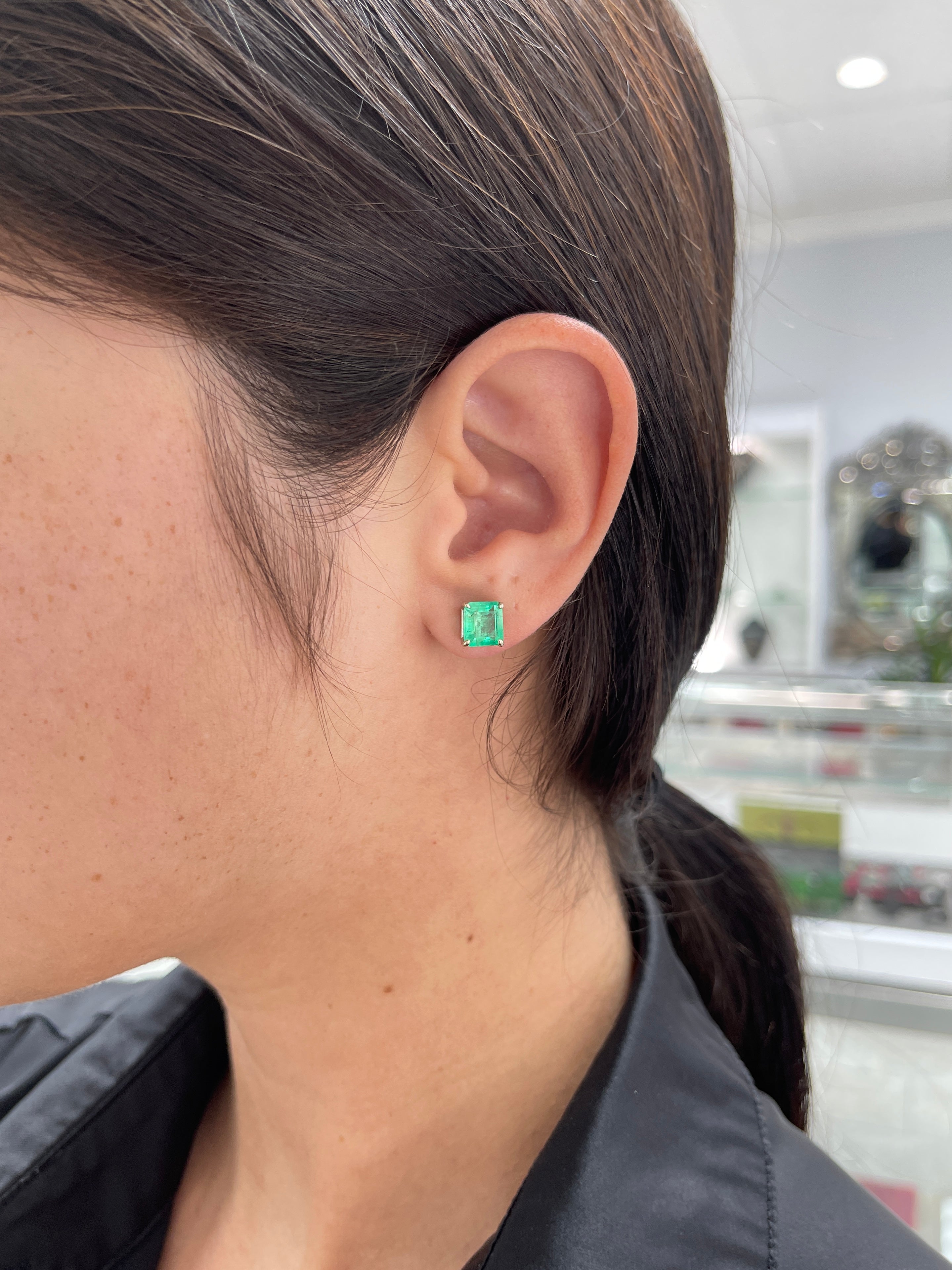 4.26tcw Colombian Emerald Asscher Stud Earrings 14K - JR Colombian Emeralds