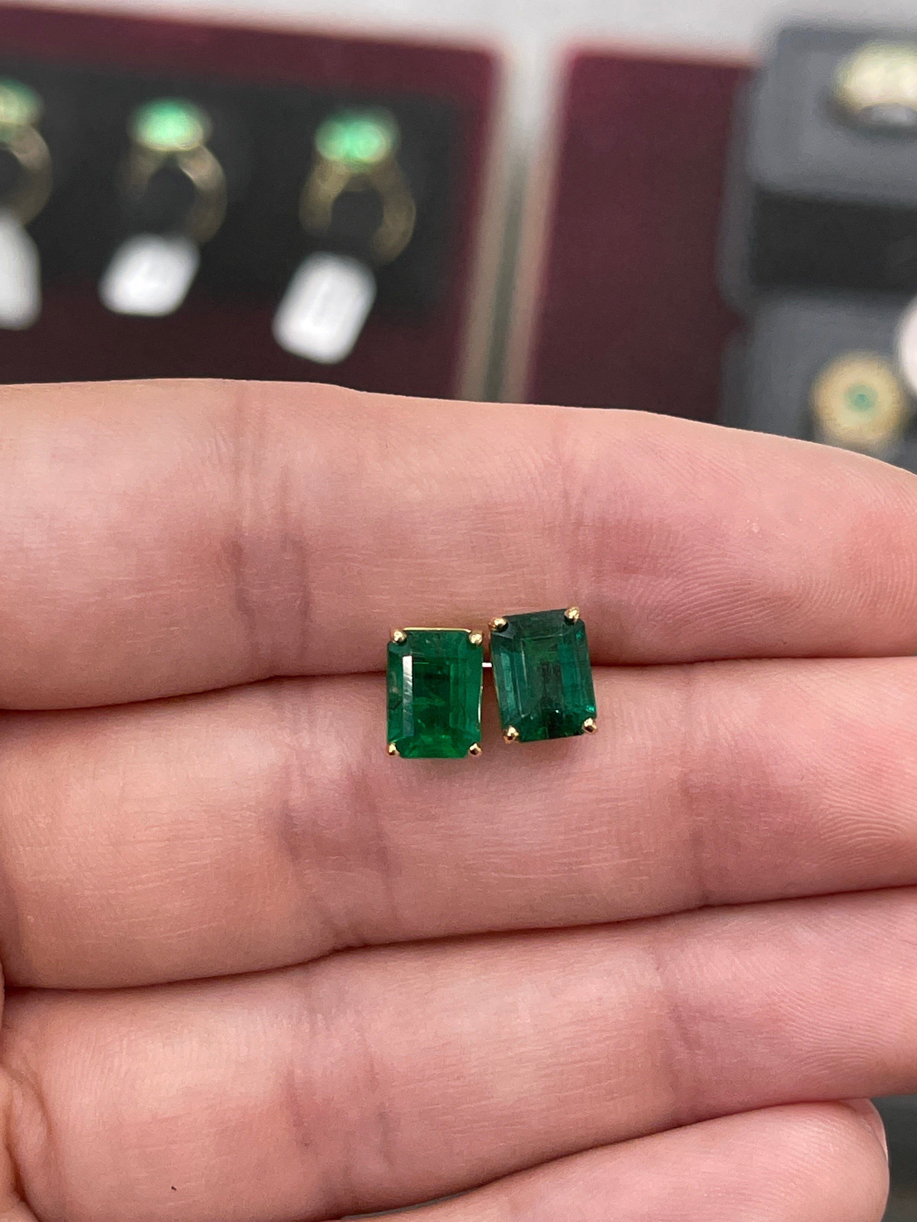 5.0tcw AAA Top Quality Dark Deep Green Emerald Cut Emerald Studs in 18K yellow Gold