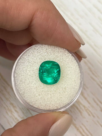 Elongated Cushion Cut 3.70 Carat Colombian Emerald with Striking Bluish Green Hue