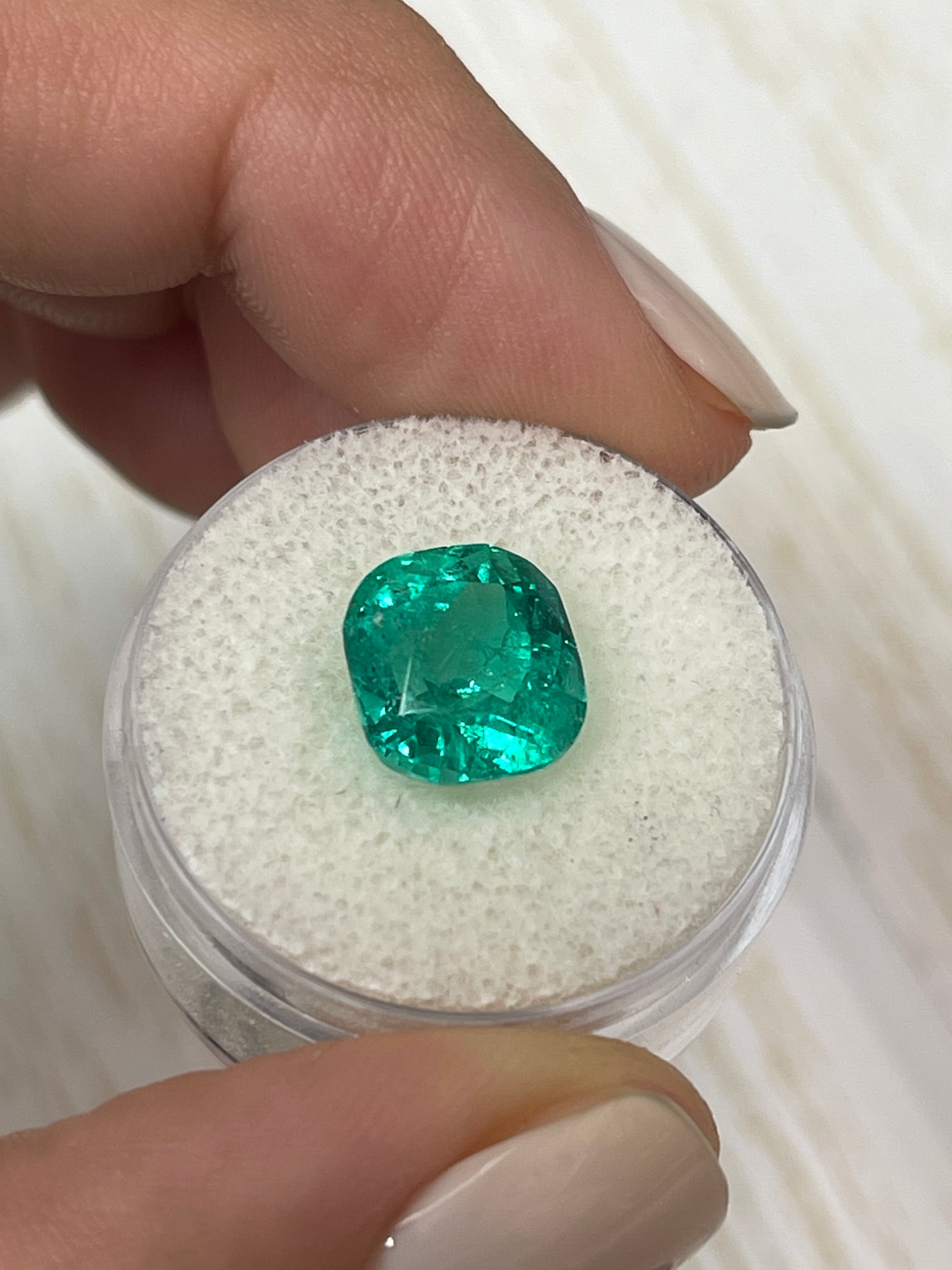 4.93 Carat Minor Oil 10.5 x 9.5 Vivid Bluish Natural Loose Colombian Emerald-Cushion Cut