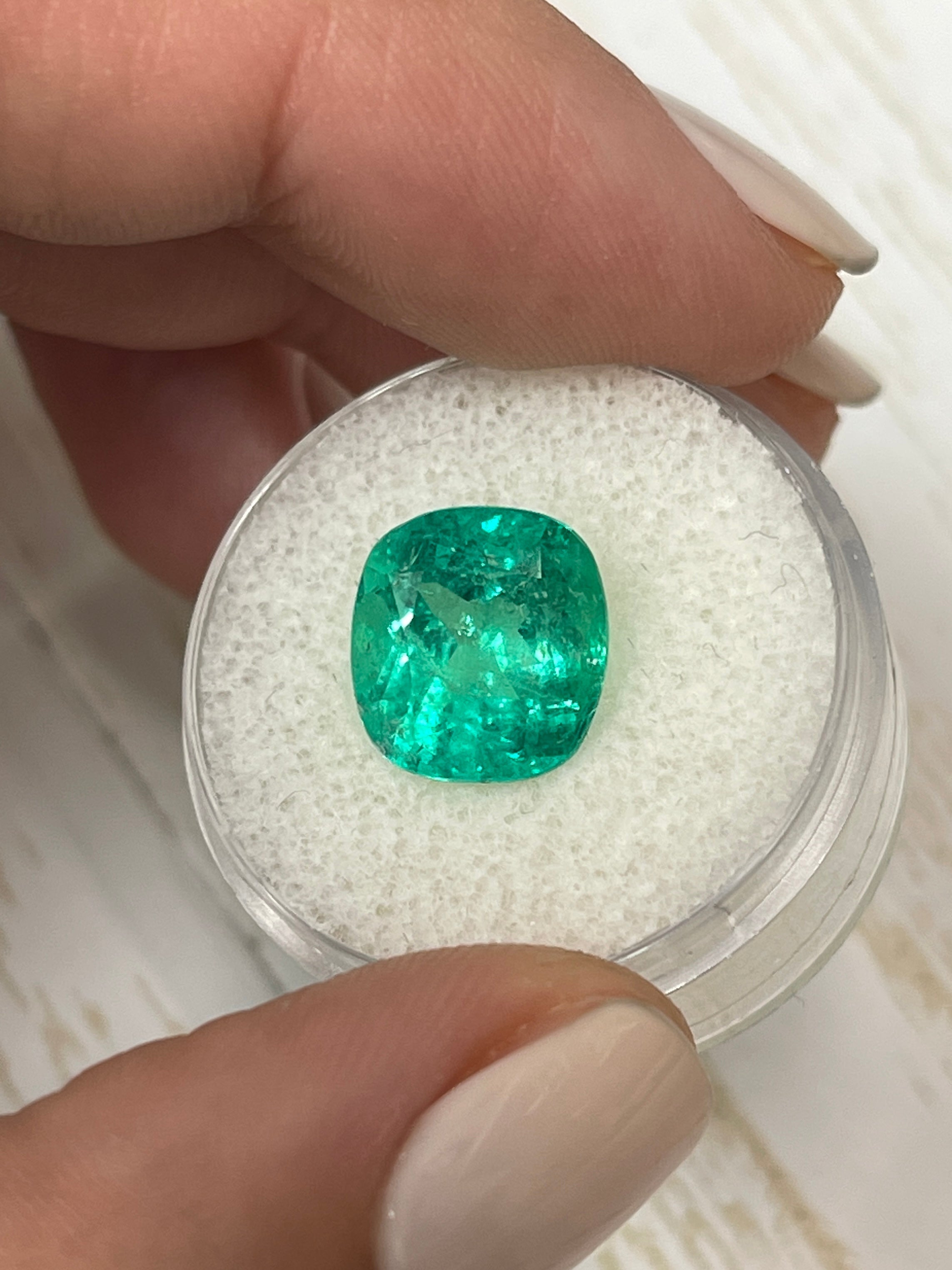 5.21 Carat Certified 11x10.5 Fine Yellowish Green Natural Loose Colombian Emerald- Cushion Cut