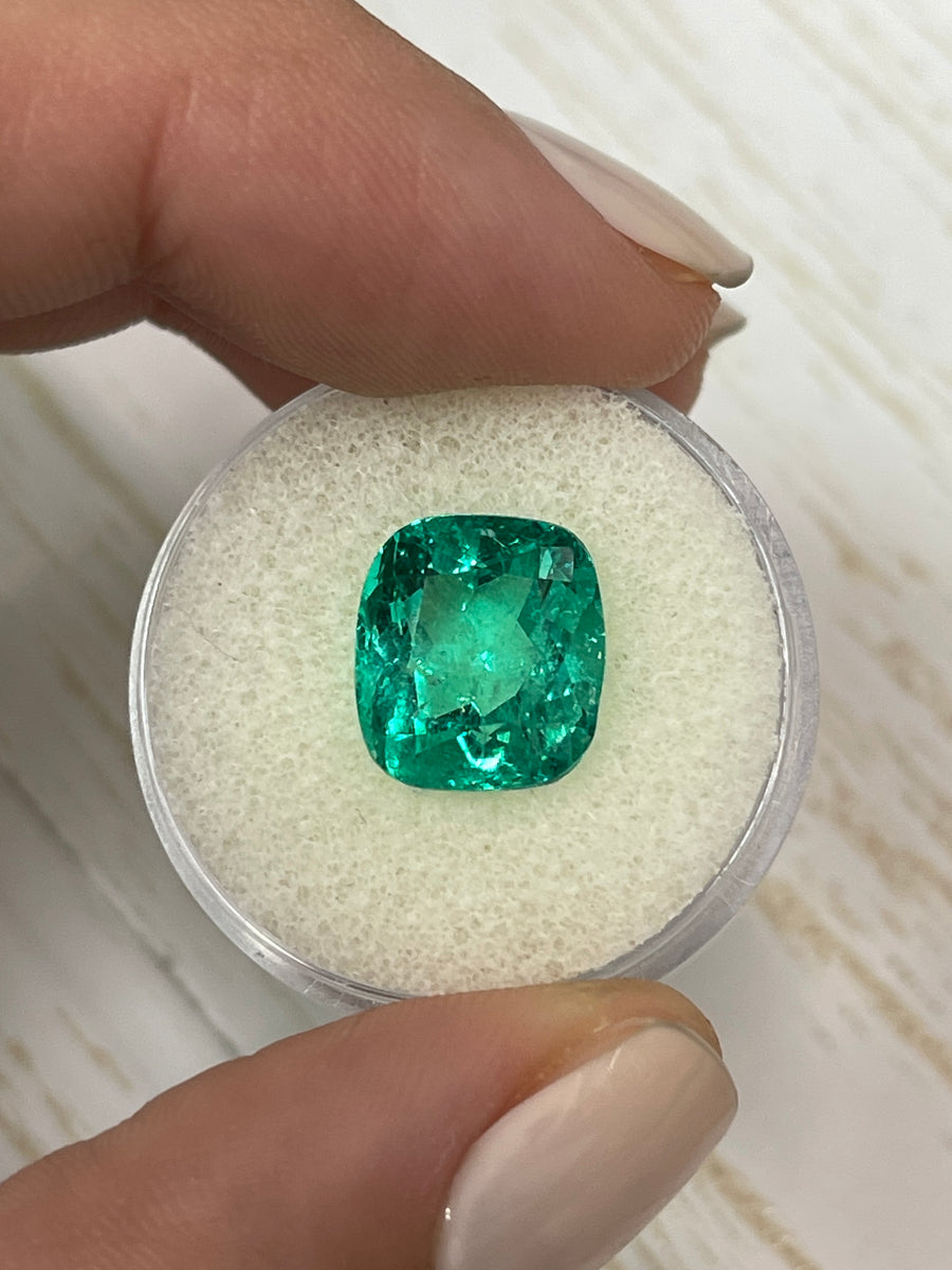 Certified 5.81 Carat Loose Colombian Emerald - Cushion Cut - Fine Bluish Green