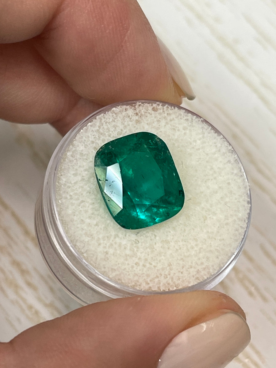 Large 6.32 Carat Cushion Cut Colombian Emerald in Intense Muzo Green