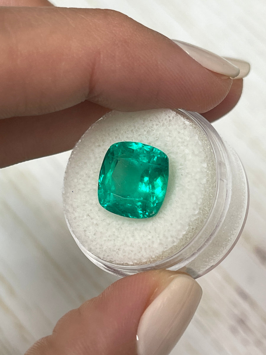 7.98 Carat Rounded Cushion Cut Colombian Emerald - Striking Vivid Bluish Green Hue