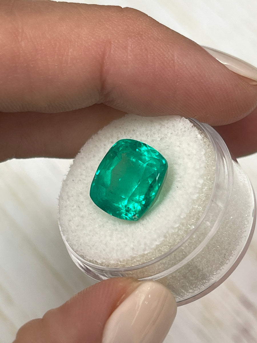 Vibrant Bluish Green 7.98 Carat Colombian Emerald - Rounded Cushion Shape