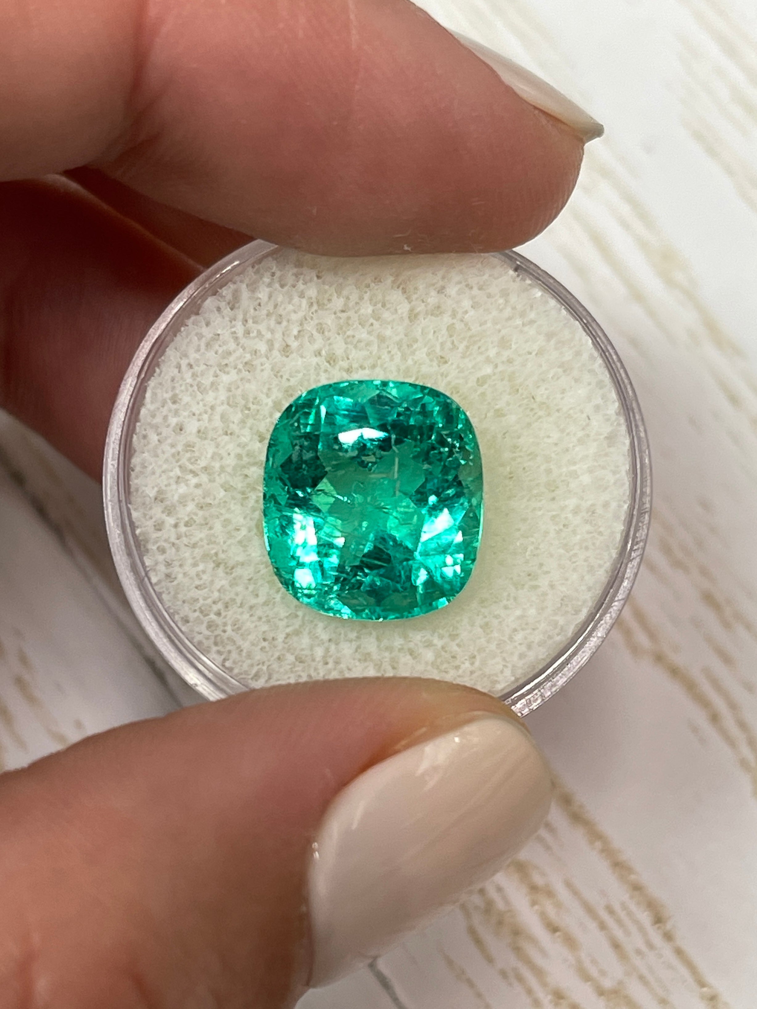 8.46 Carat GIA Certified 13x12 Lustrous Bluish Green Natural Loose Cushion Cut Colombian Emerald