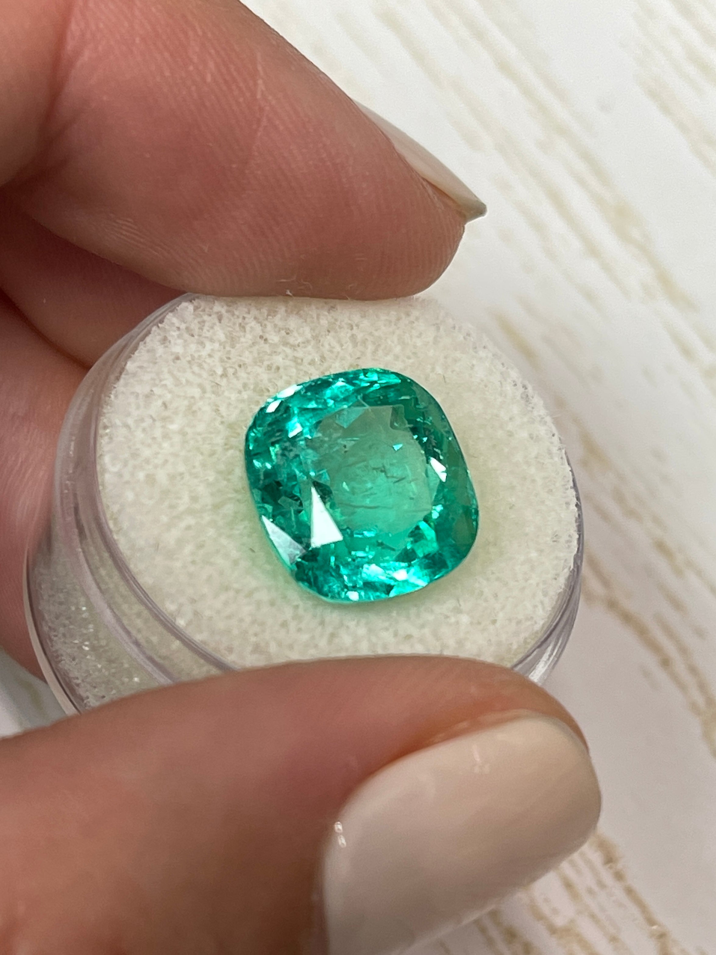 8.46 Carat GIA Certified 13x12 Lustrous Bluish Green Natural Loose Cushion Cut Colombian Emerald