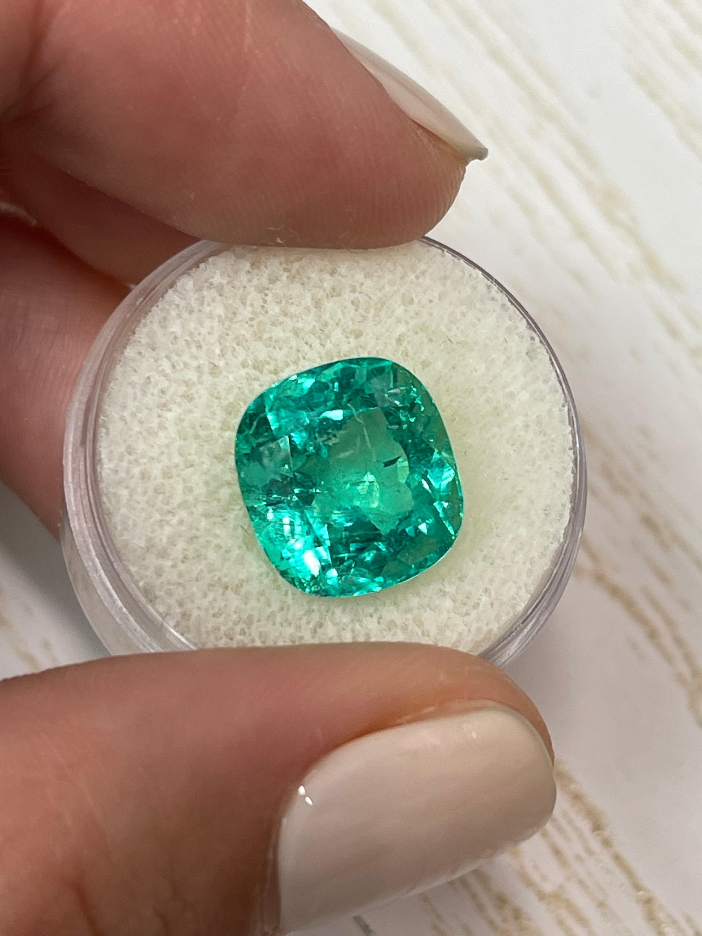 8.46 Carat GIA Certified 13x12 Lustrous Bluish Green Natural Loose Cushion Cut Colombian Emerald