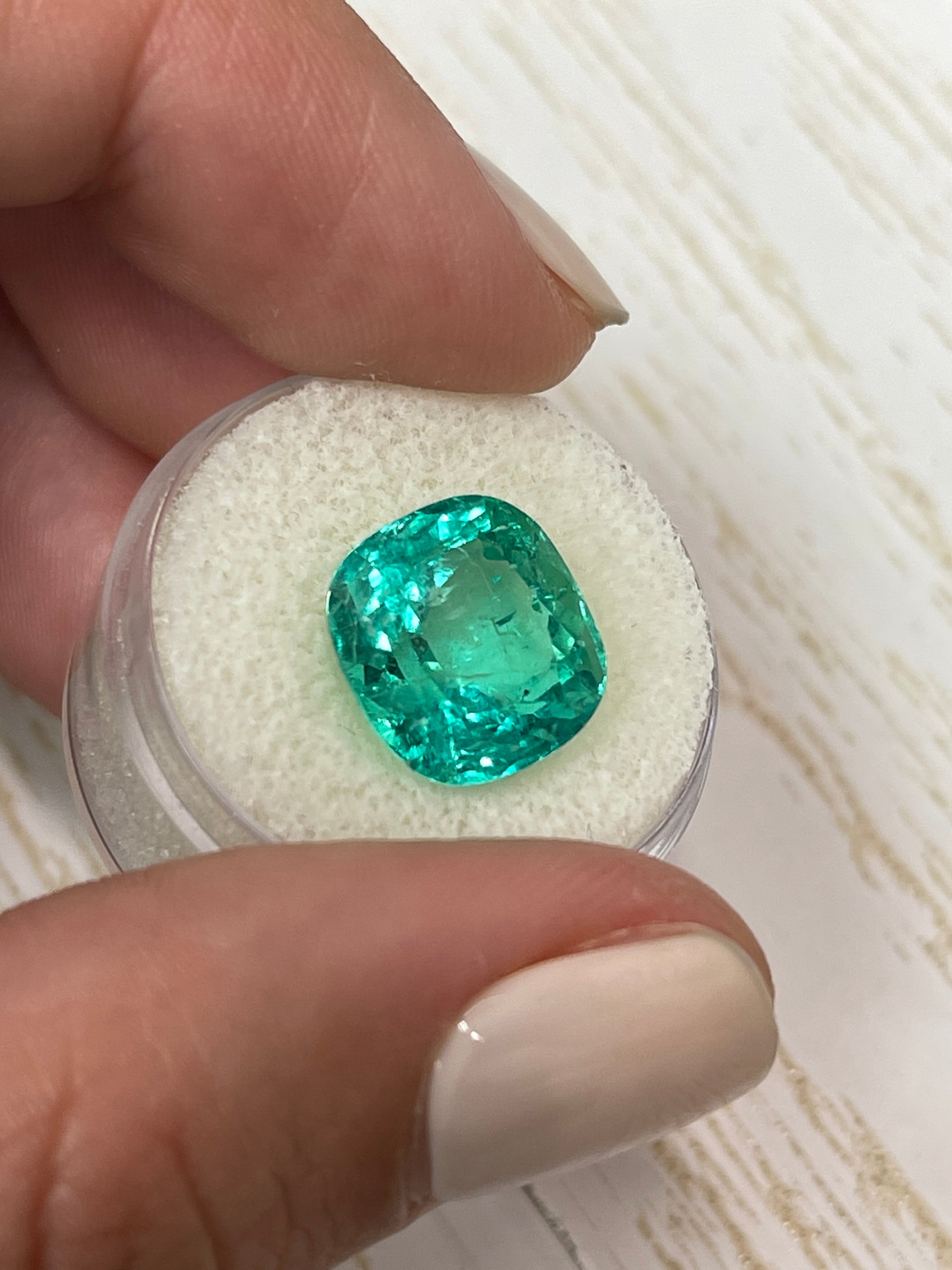 GIA-Certified Loose Colombian Emerald - Lustrous Bluish Green, 8.46 Carats, 13x12 mm Cushion Cut