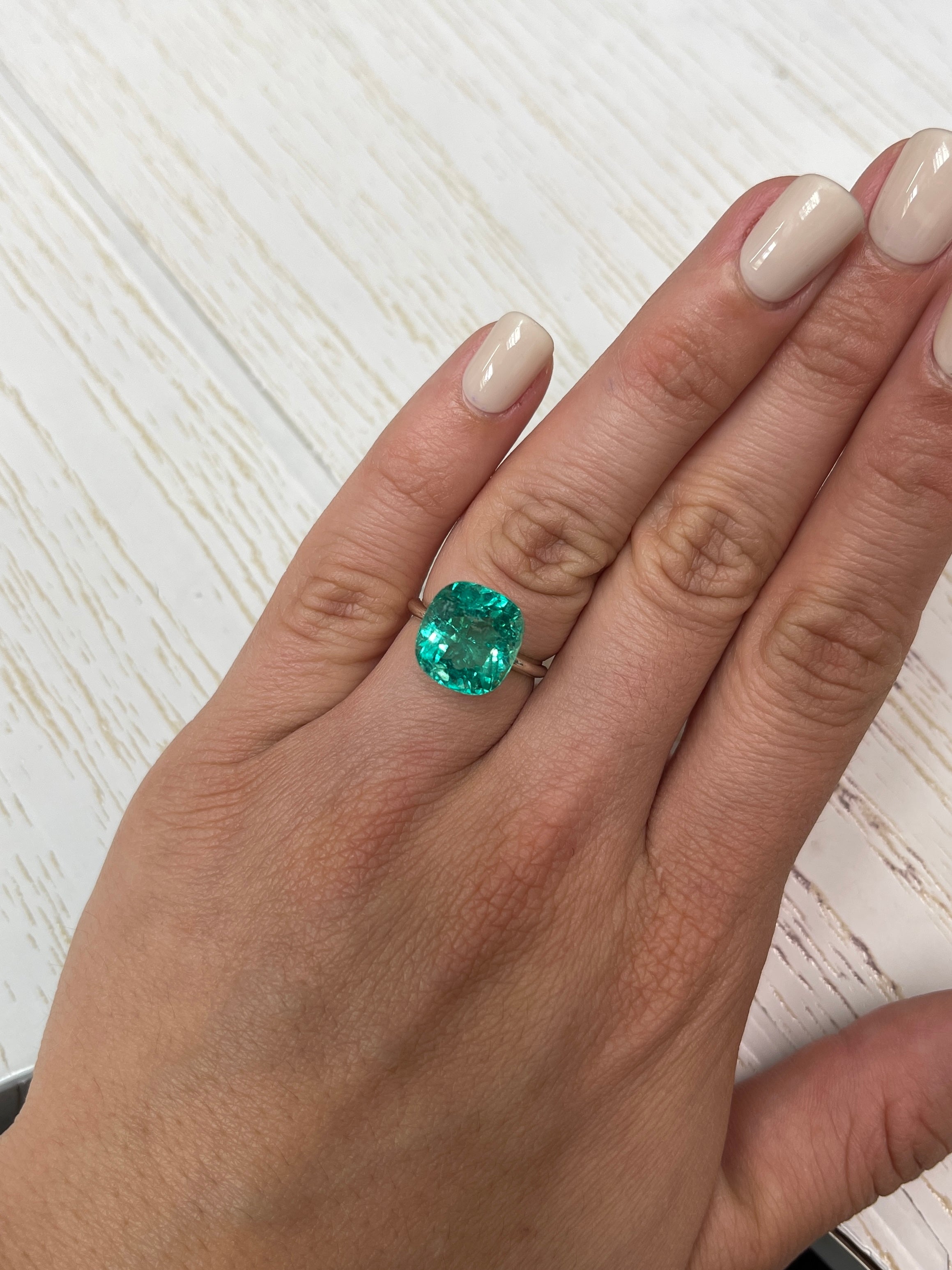 8.46 Carat GIA Certified 13x12 Lustrous Bluish Green Natural Loose Cushion Cut Colombian Emerald - JR Colombian Emeralds