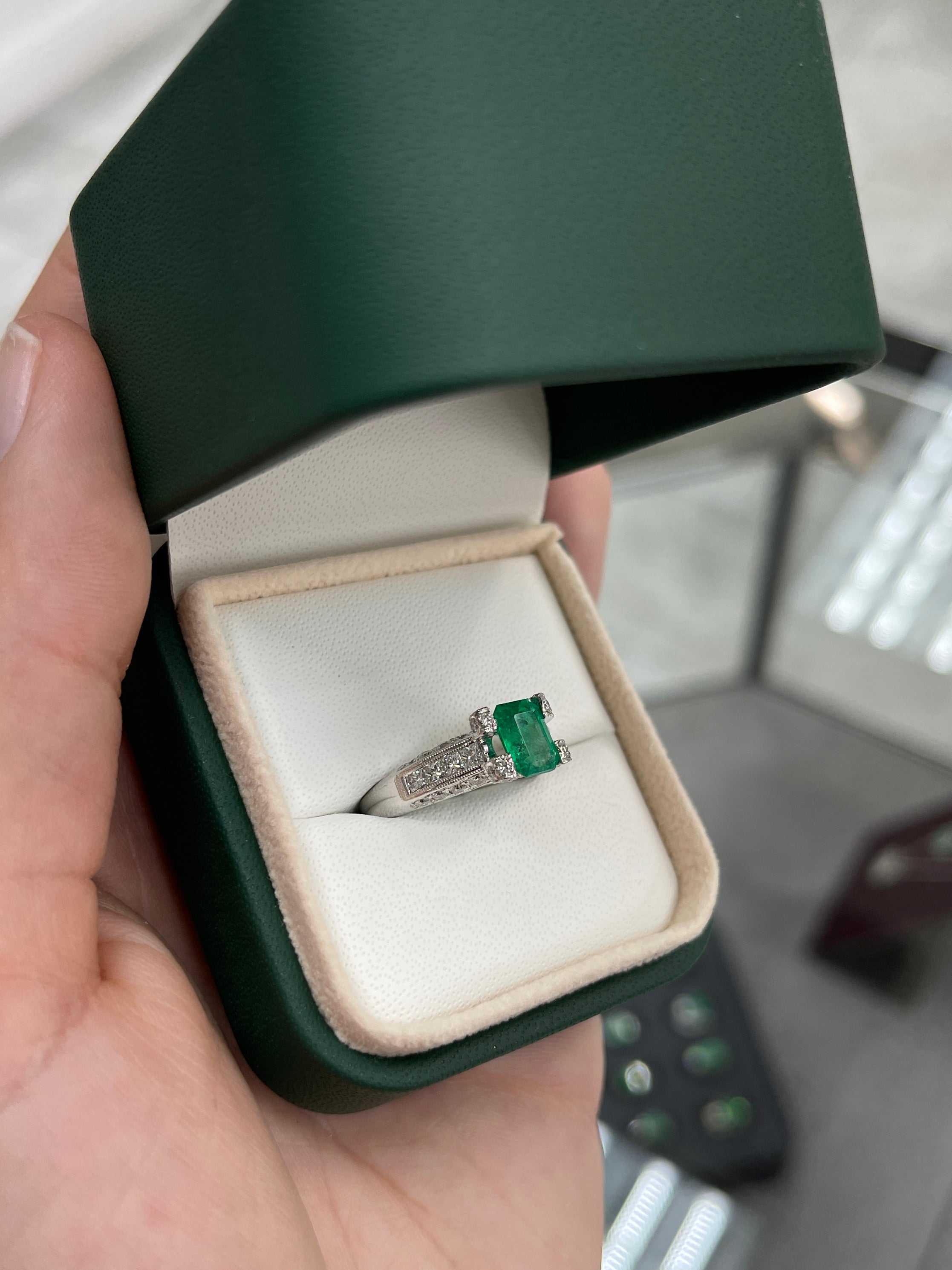 2.15tcw Emerald Cut & Princess Cut Diamond Mil-Grain Engagement 14K - JR Colombian Emeralds