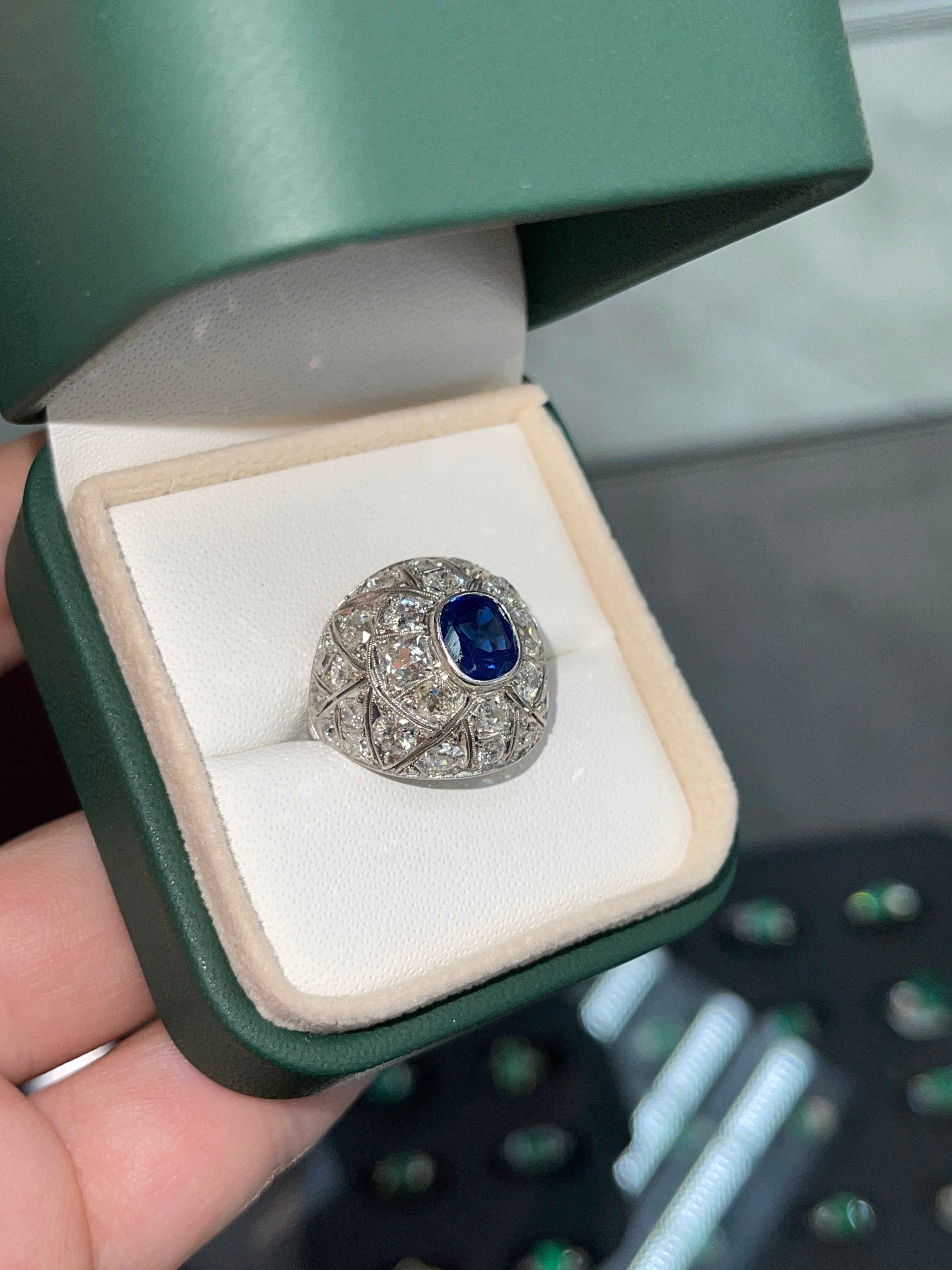 4.60tcw 18K Cushion Sapphire & OEC Diamond Ring 1920's - JR Colombian Emeralds