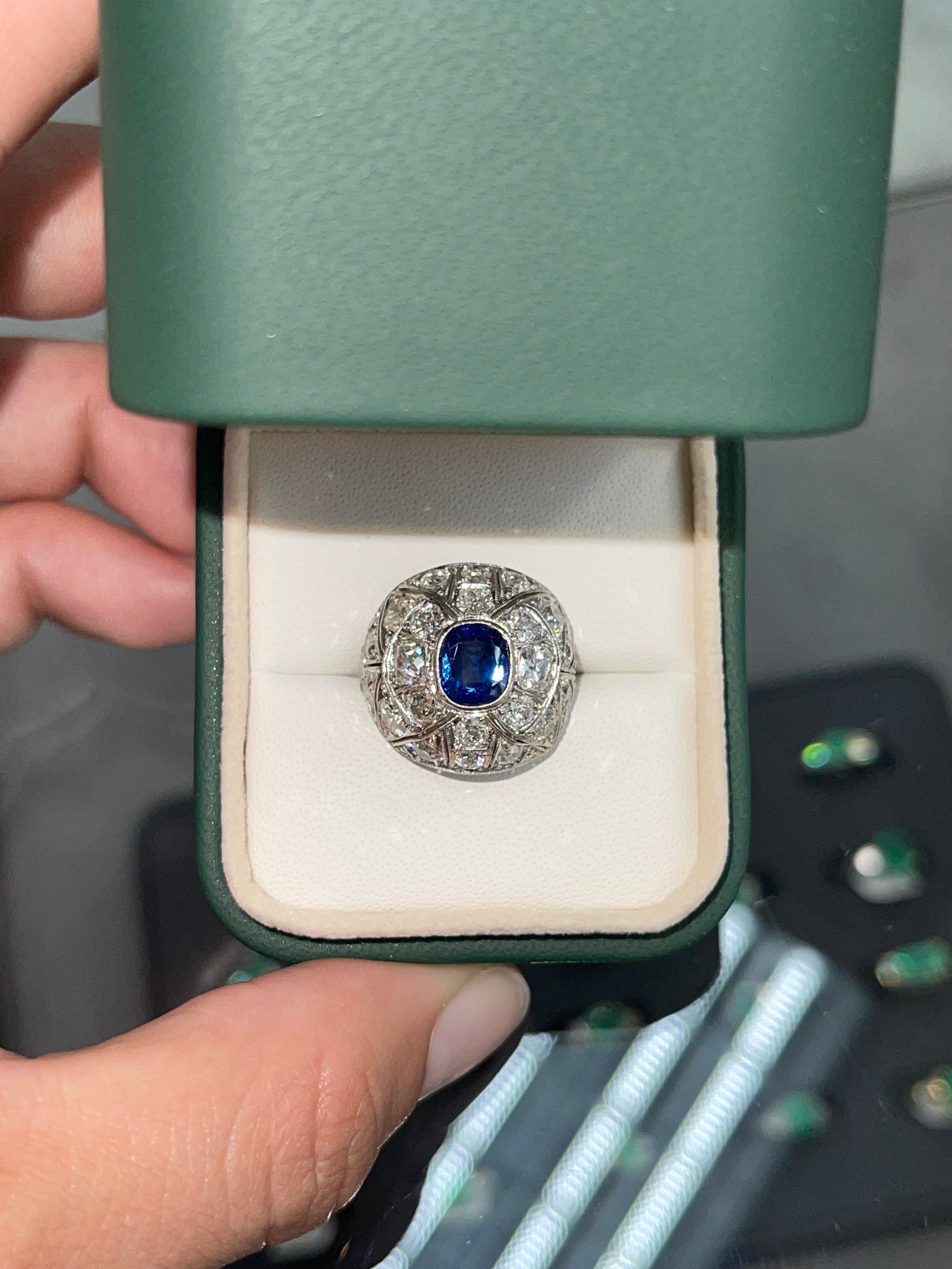 4.60tcw 18K Cushion Sapphire & OEC Diamond Ring 1920's - JR Colombian Emeralds