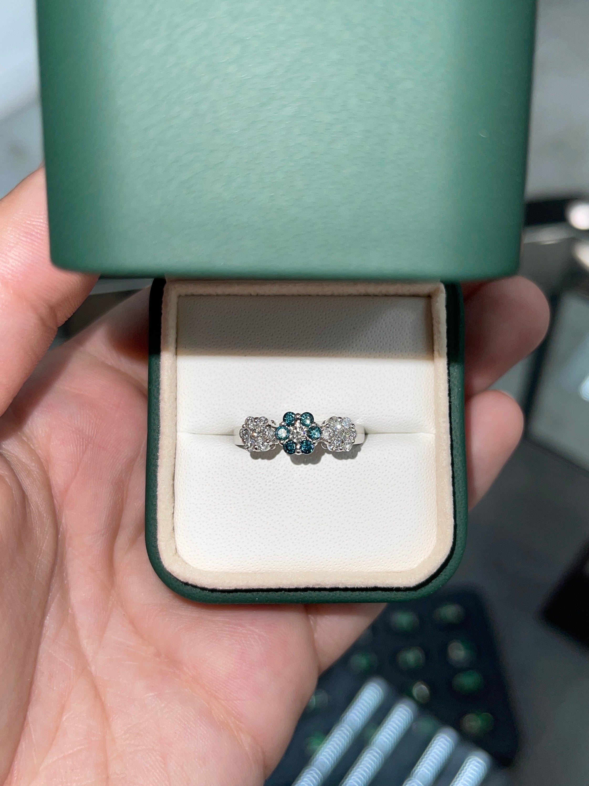 1.05tcw Fancy Blue Diamond & Diamond Floral Ring - JR Colombian Emeralds