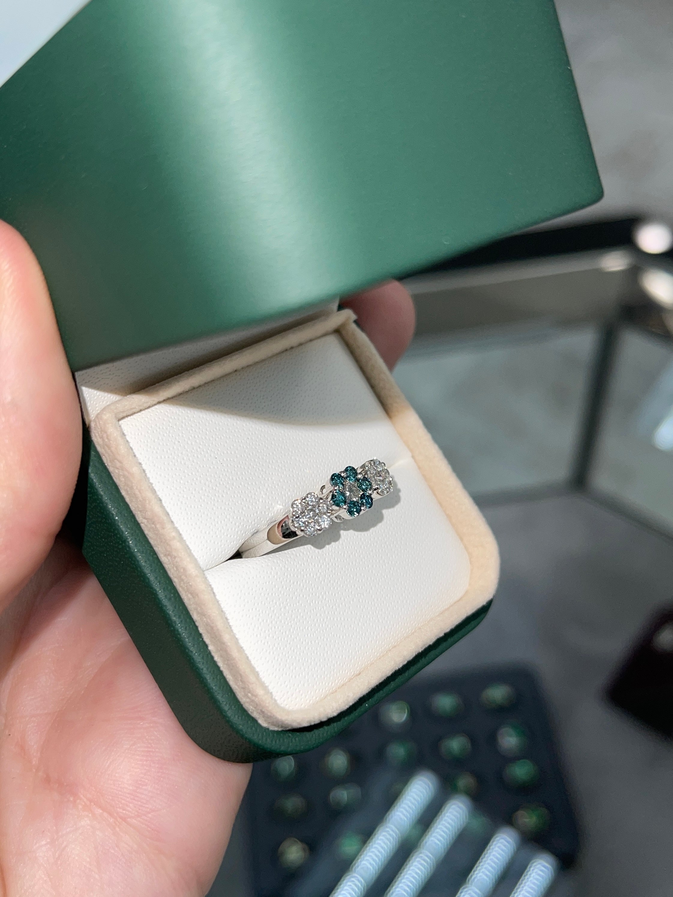 1.05tcw Fancy Blue Diamond & Diamond Floral Ring - JR Colombian Emeralds