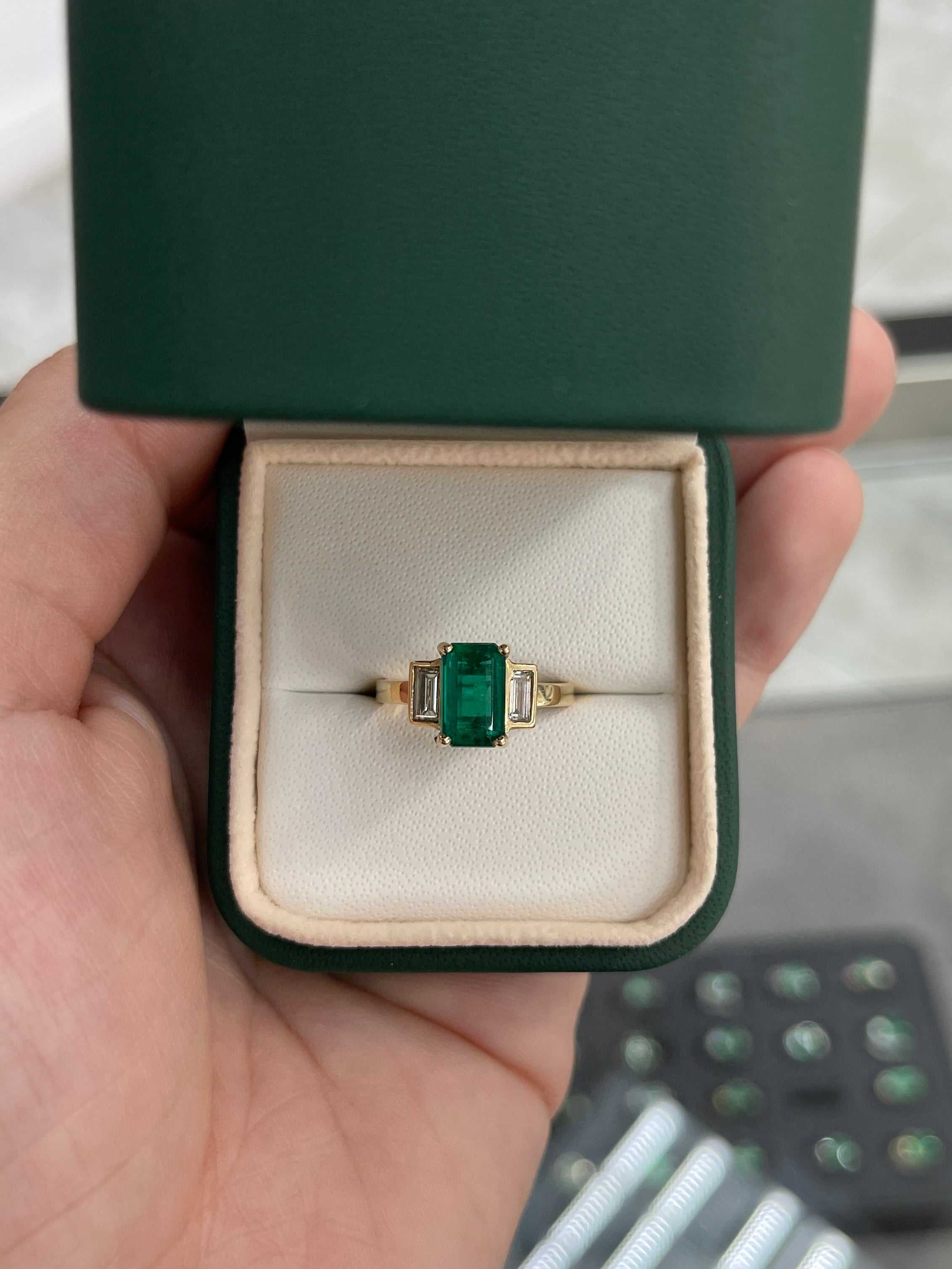 2.15tcw 18K Three Stone Emerald Cut Emerald & Diamond Ring - JR Colombian Emeralds