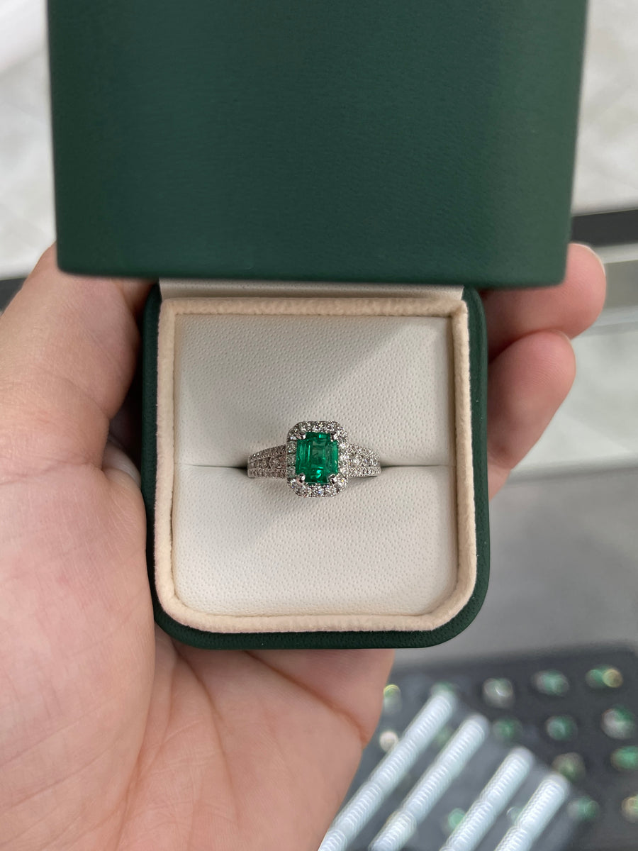 2.0tcw Emerald Cut Emerald Diamond Halo White Gold Ring 14K