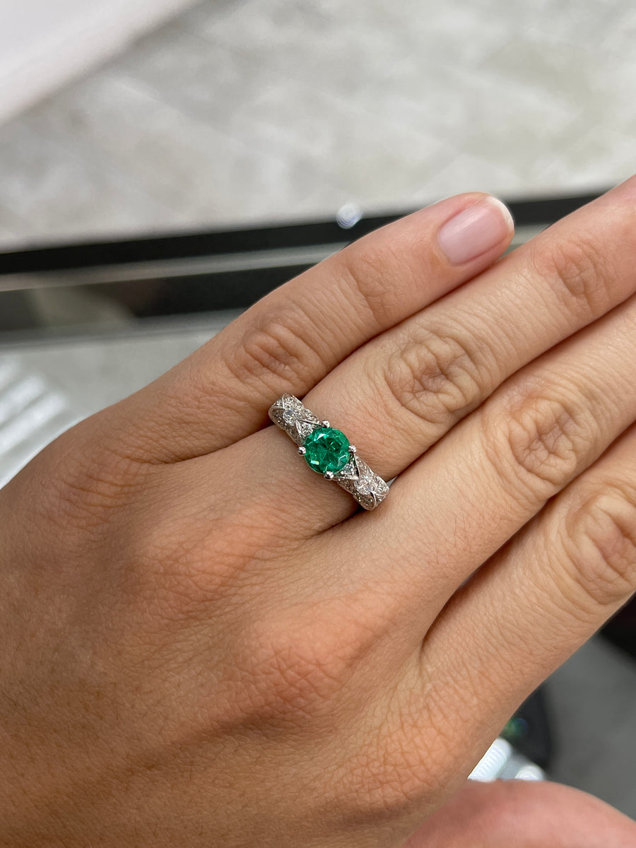 2.70tcw Top Quality Round Emerald & Diamond Edwardian Engagement Ring 14K