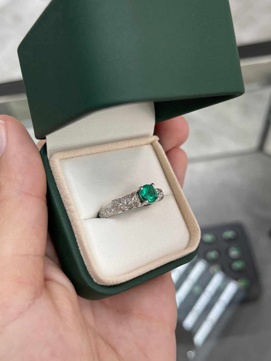 2.70tcw Top Quality Round Emerald & Diamond Edwardian Engagement Ring 14K