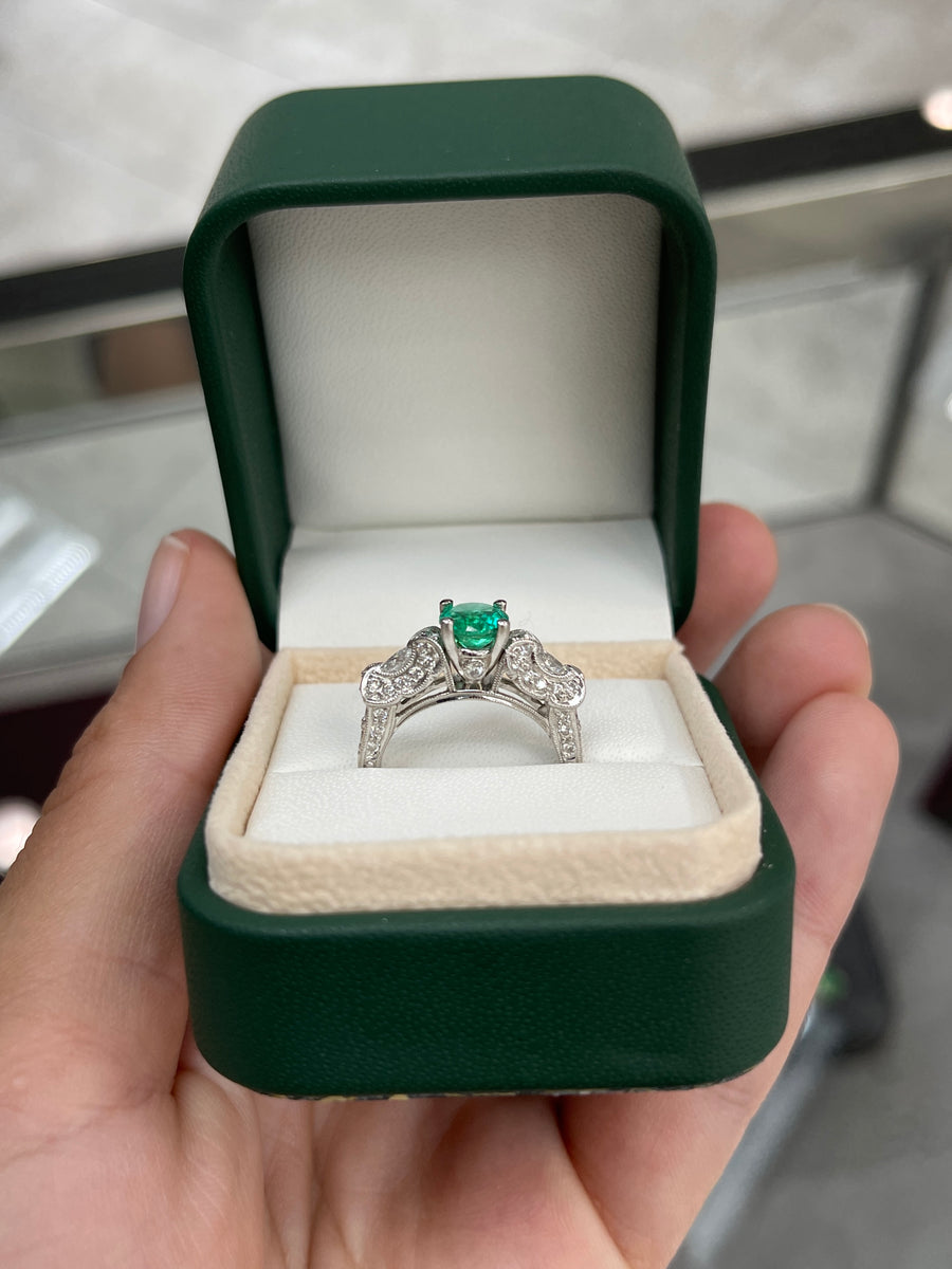 2.70tcw Top Quality Round Emerald & Diamond Edwardian Engagement Ring 14K
