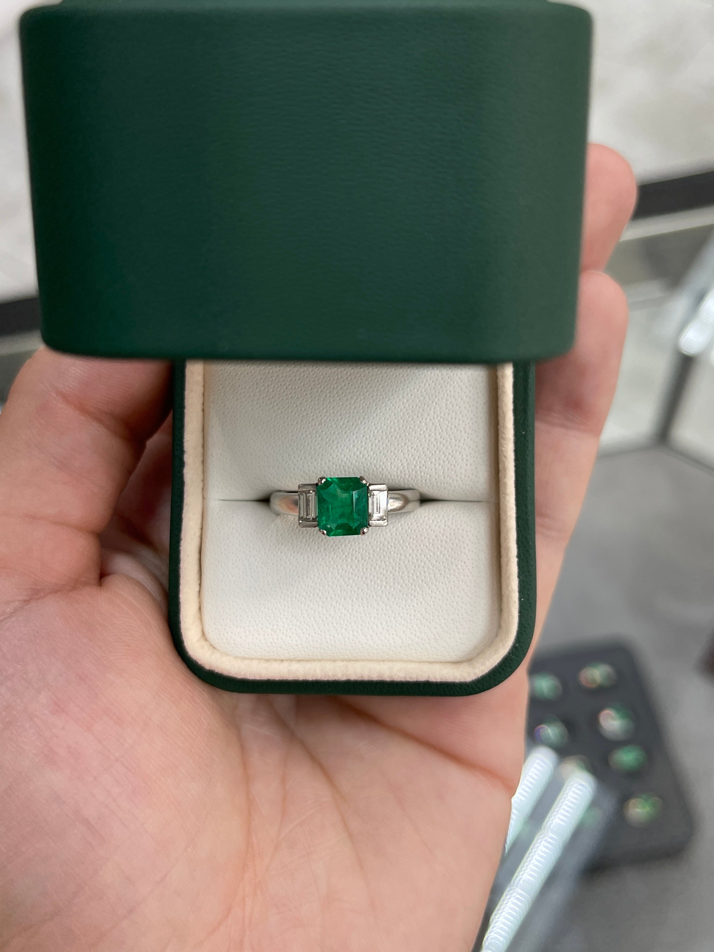 1.72tcw Elegant Three Stone Baguette Diamond & Emerald Ring 14K - JR Colombian Emeralds